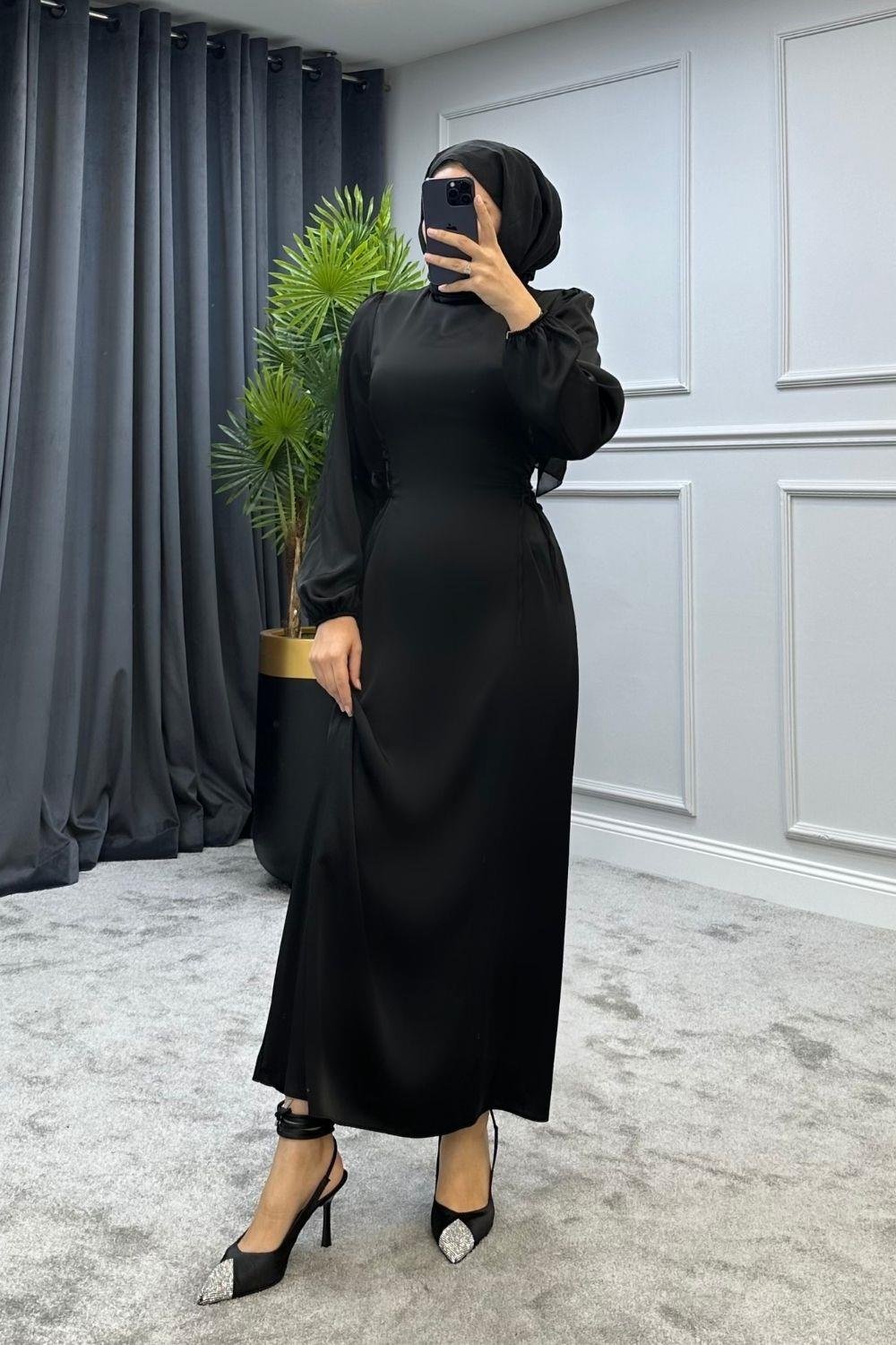 Yandan Çapraz Bağlamalı Saten Abiye Siyah 5948 