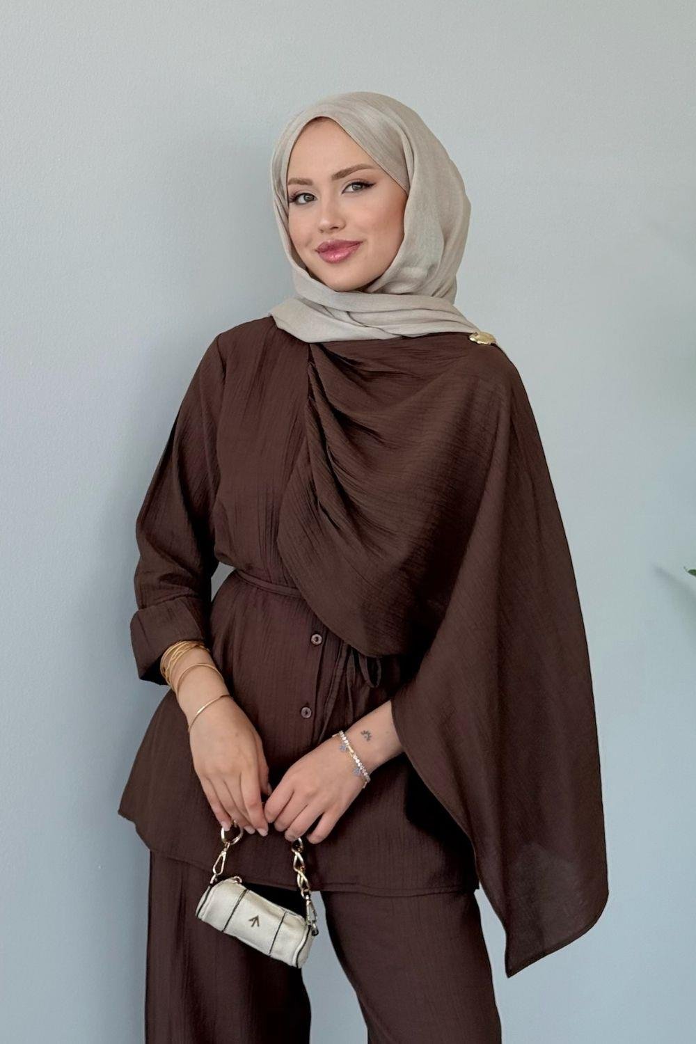 Nazlı  Pantolonlu Takım Kahverengi 6004 