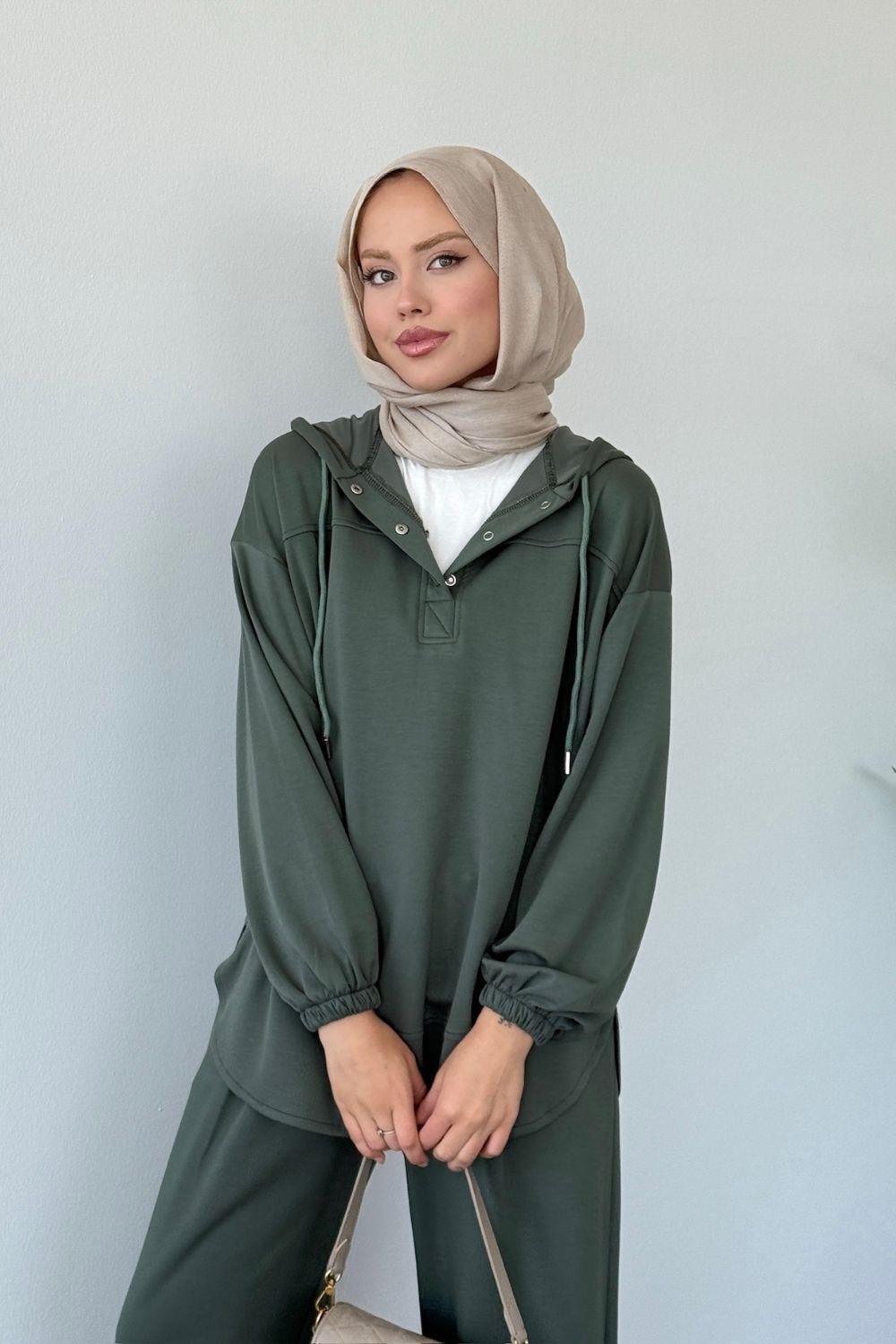 Kapüşonlu Pileli Takım Haki 6013 