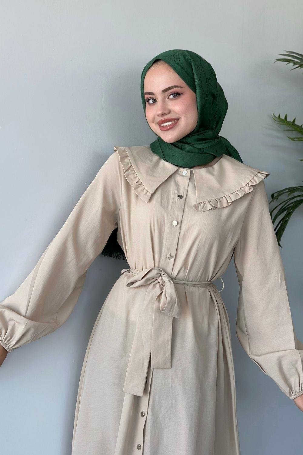 Ala Yaka Fırfırlı Elbise Bej 6028 