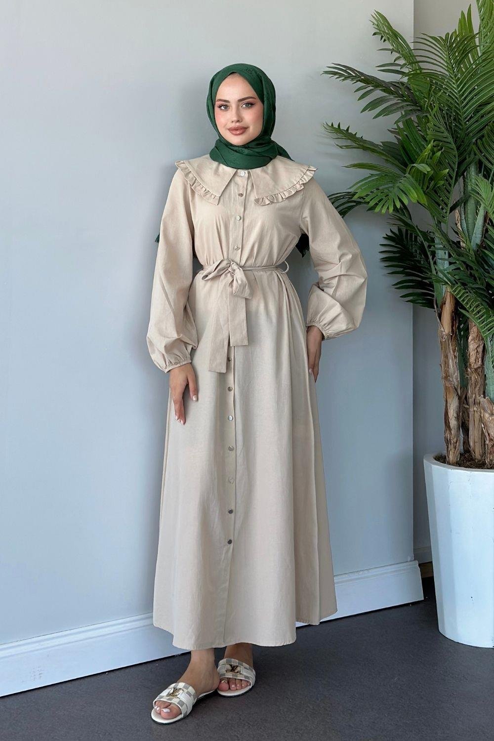 Ala Yaka Fırfırlı Elbise Bej 6028 