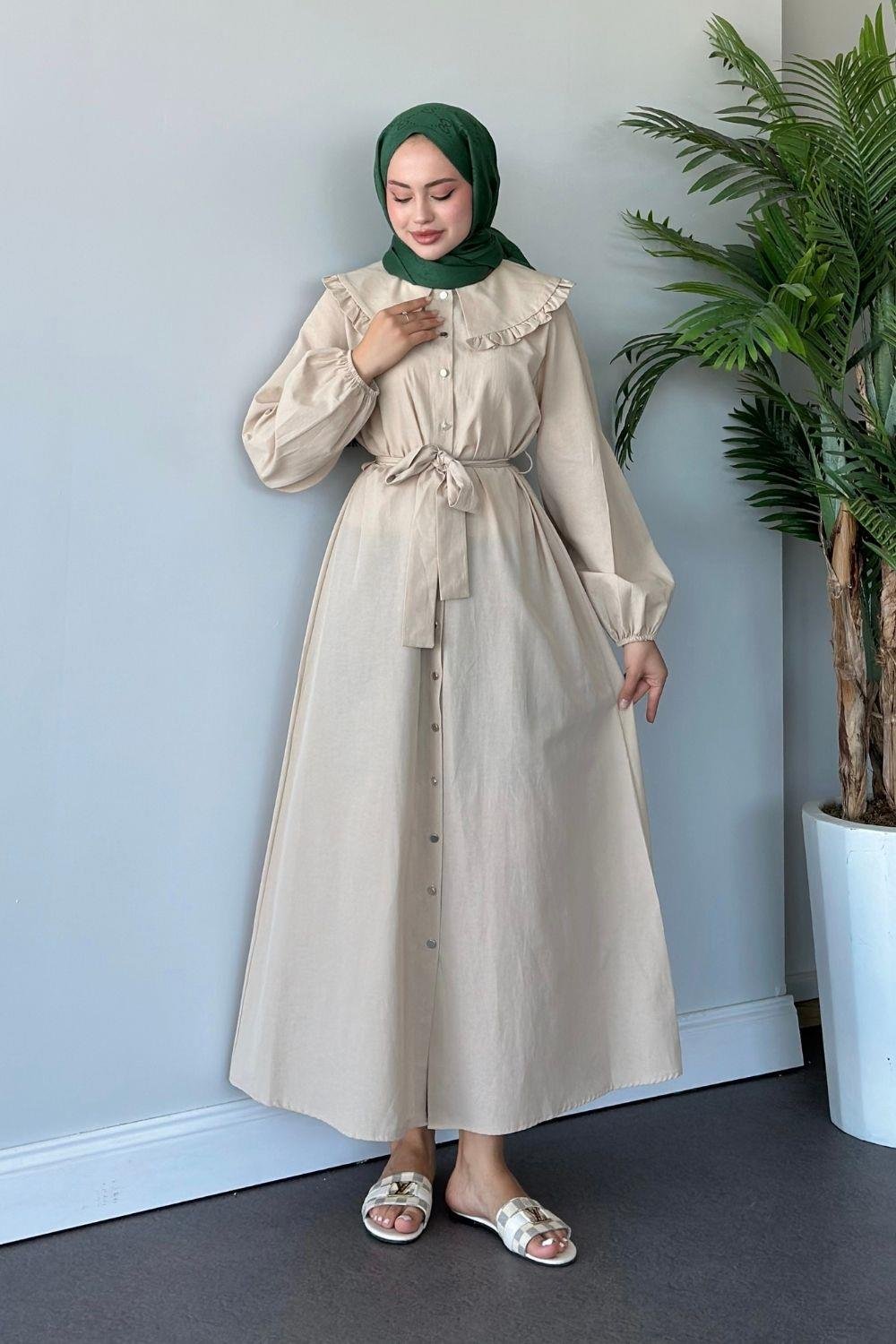 Ala Yaka Fırfırlı Elbise Bej 6028 