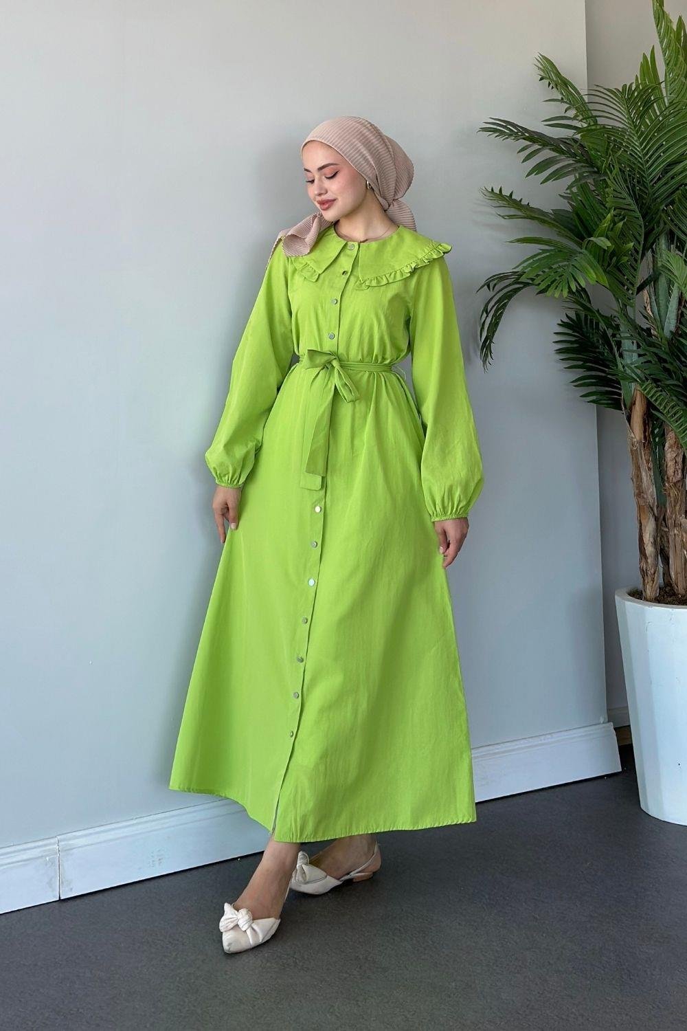 Ala Yaka Fırfırlı Elbise Fıstık Yeşili 6028 