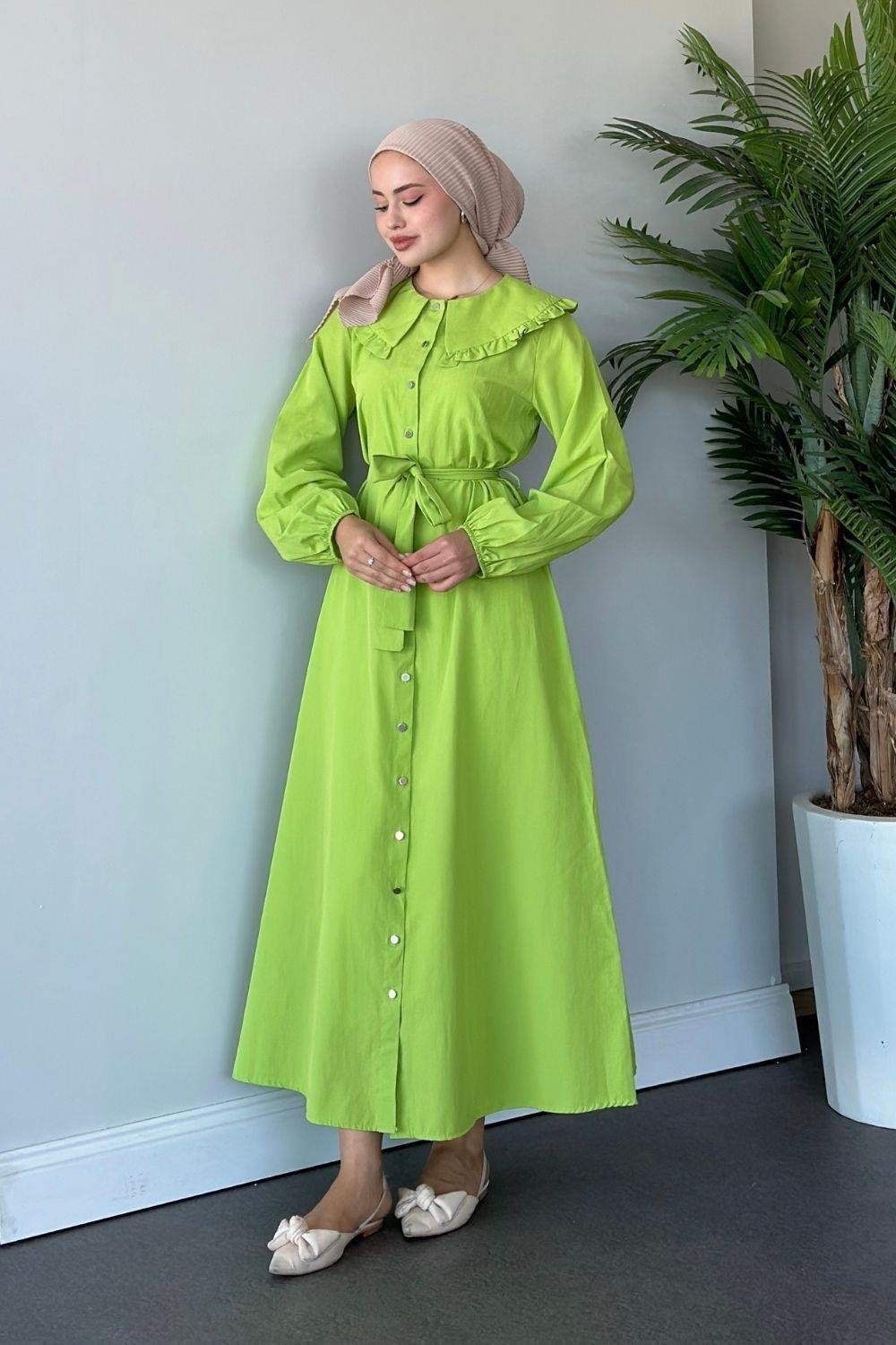 Ala Yaka Fırfırlı Elbise Fıstık Yeşili 6028 