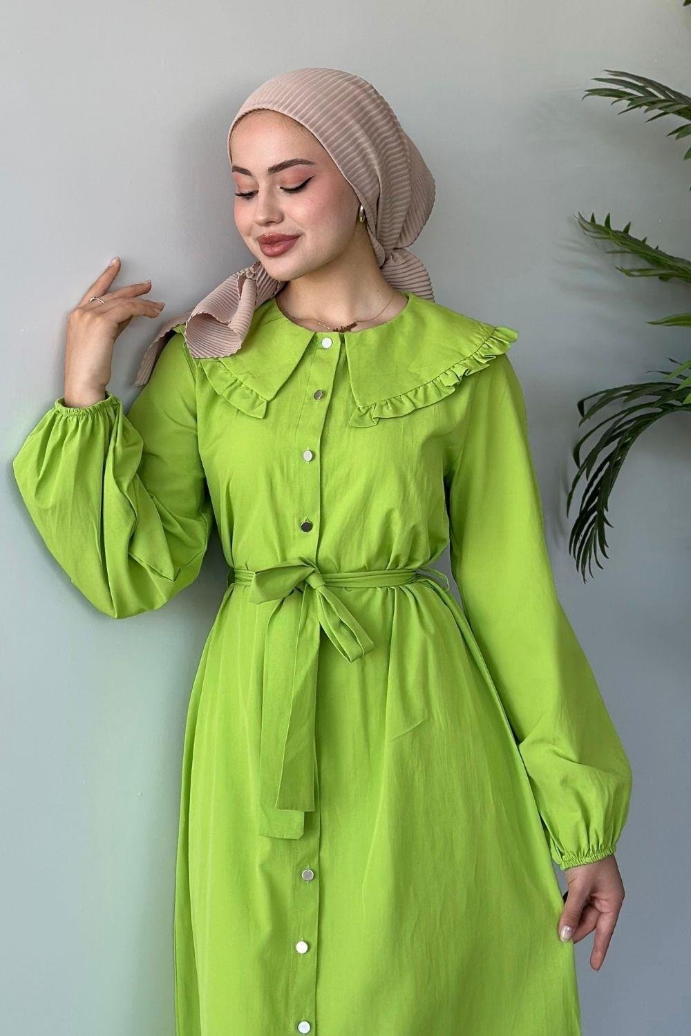 Ala Yaka Fırfırlı Elbise Fıstık Yeşili 6028 