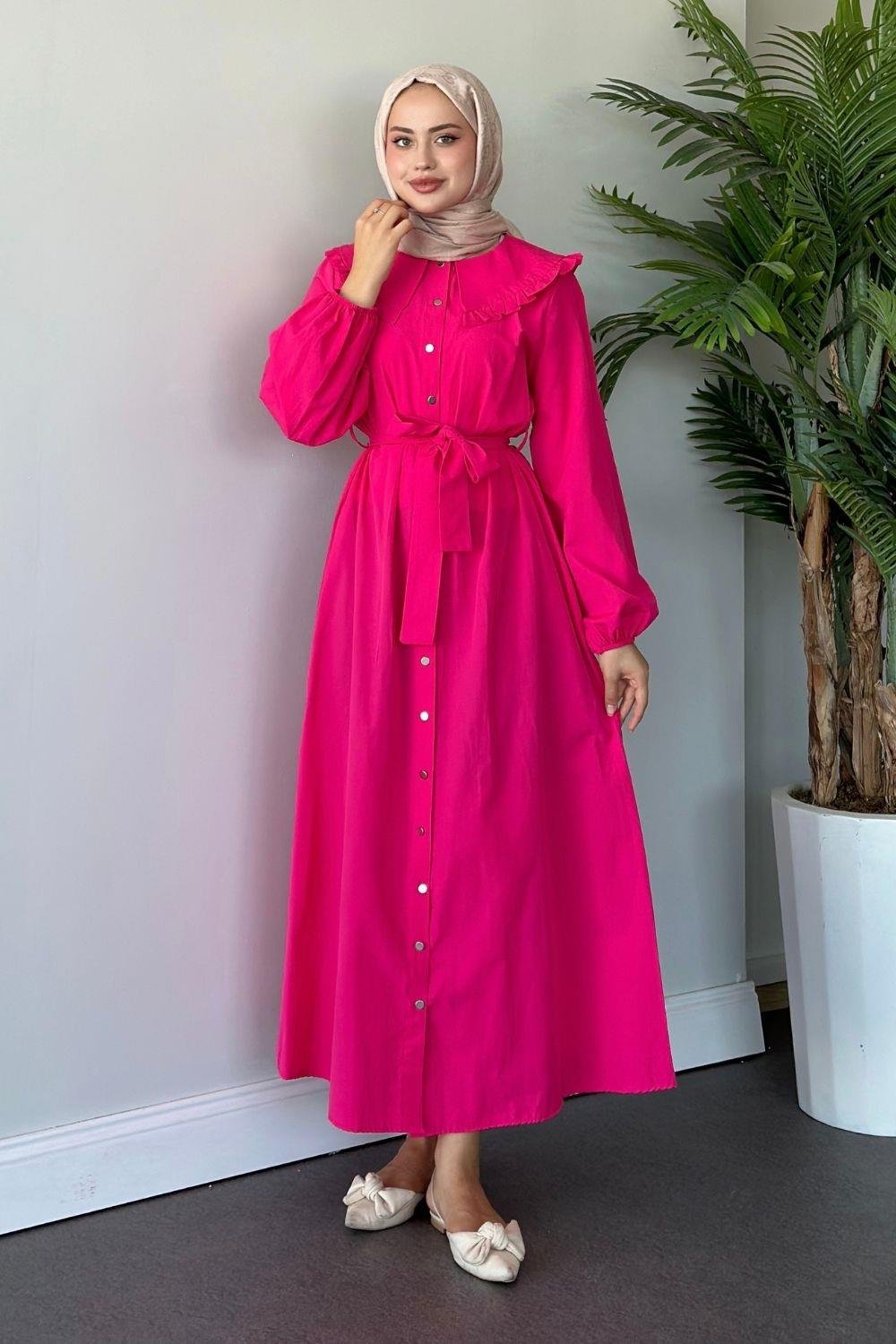 Ala Yaka Fırfırlı Elbise Fuşya 6028 