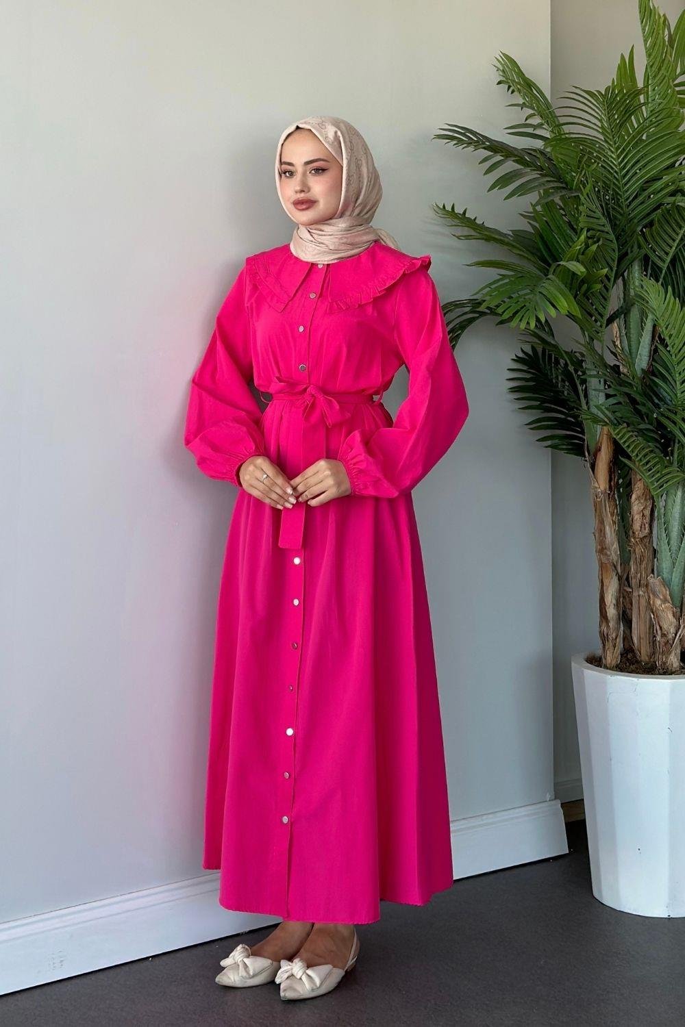 Ala Yaka Fırfırlı Elbise Fuşya 6028 