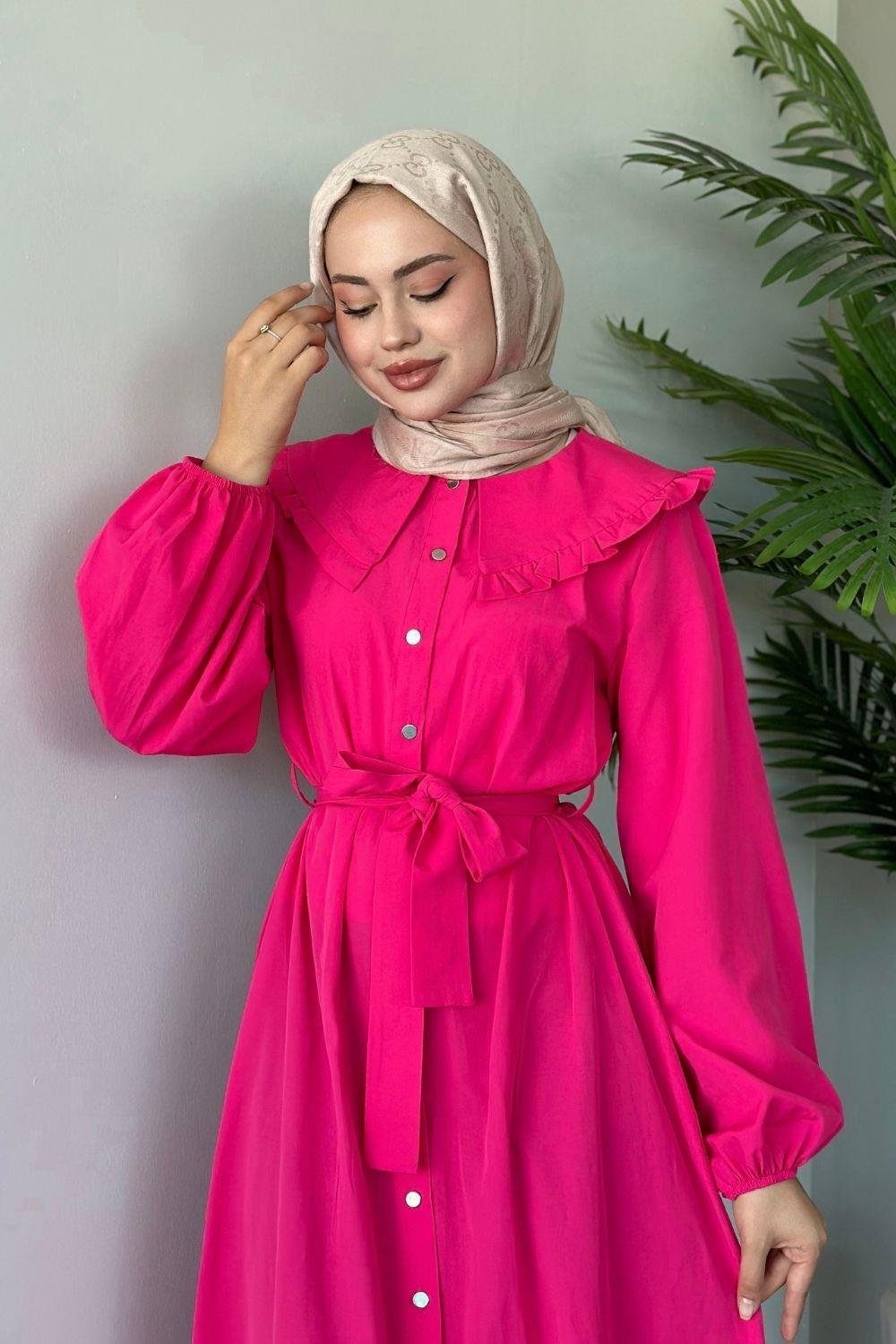 Ala Yaka Fırfırlı Elbise Fuşya 6028 