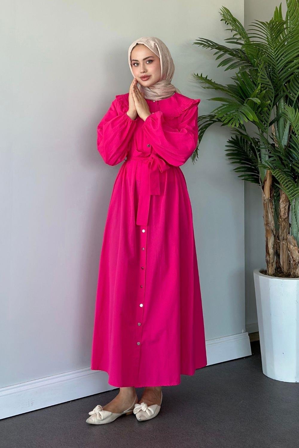 Ala Yaka Fırfırlı Elbise Fuşya 6028 