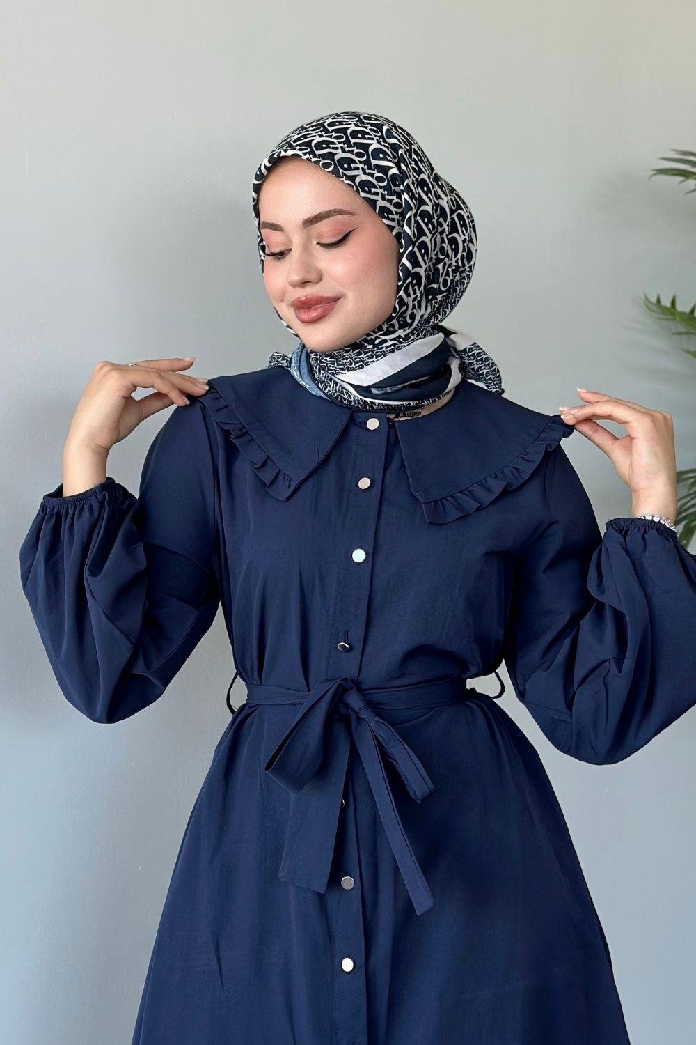 Ala Yaka Fırfırlı Elbise Lacivert 6028 