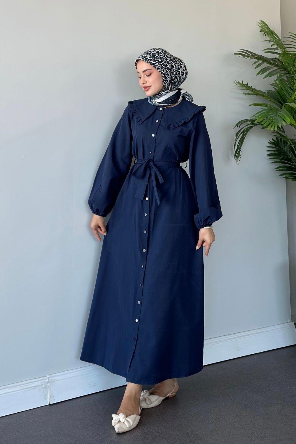 Ala Yaka Fırfırlı Elbise Lacivert 6028 