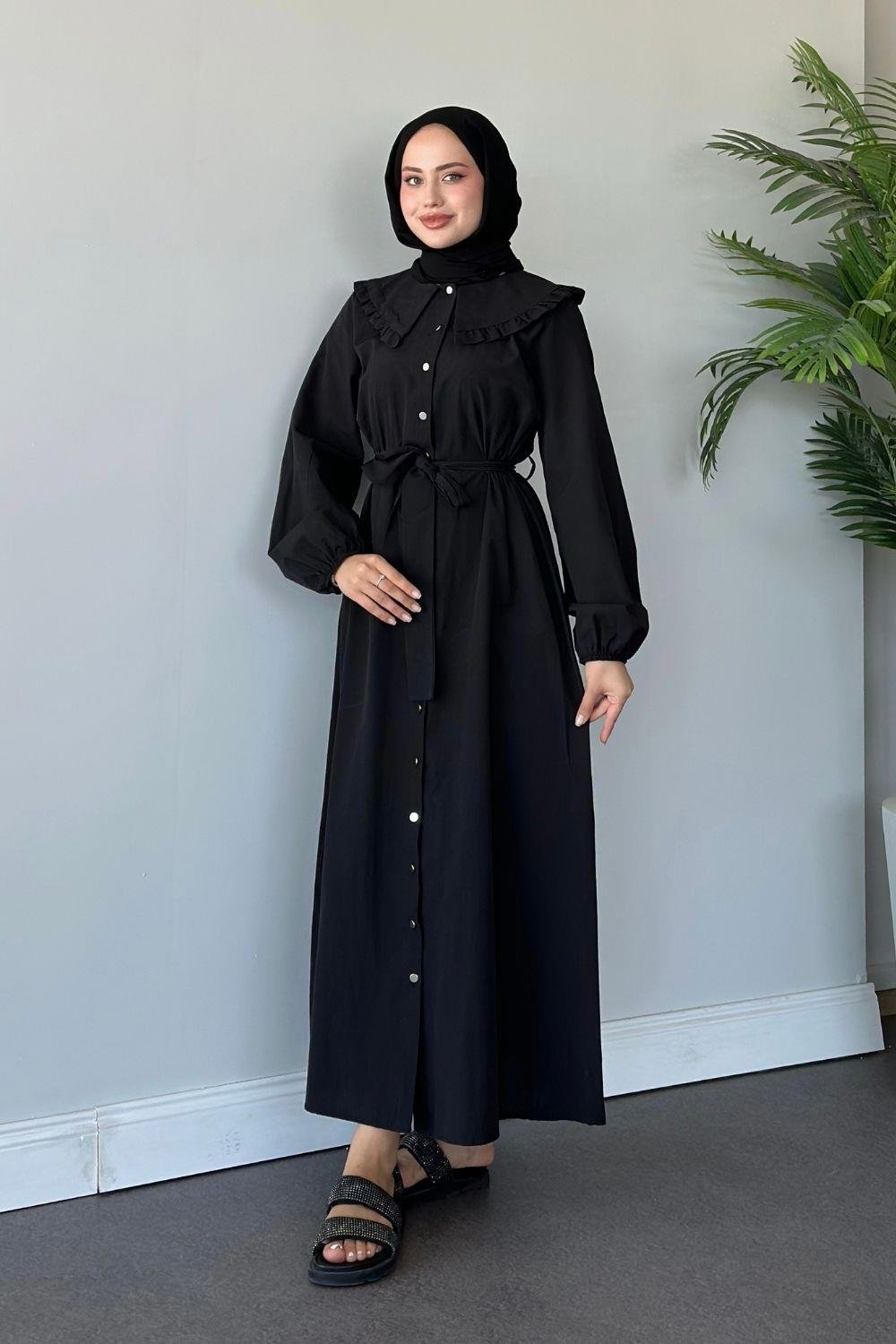 Ala Yaka Fırfırlı Elbise Siyah 6028 