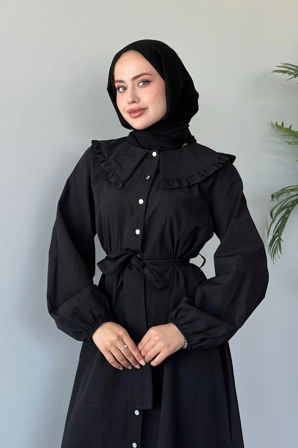 Ala Yaka Fırfırlı Elbise Siyah 6028 