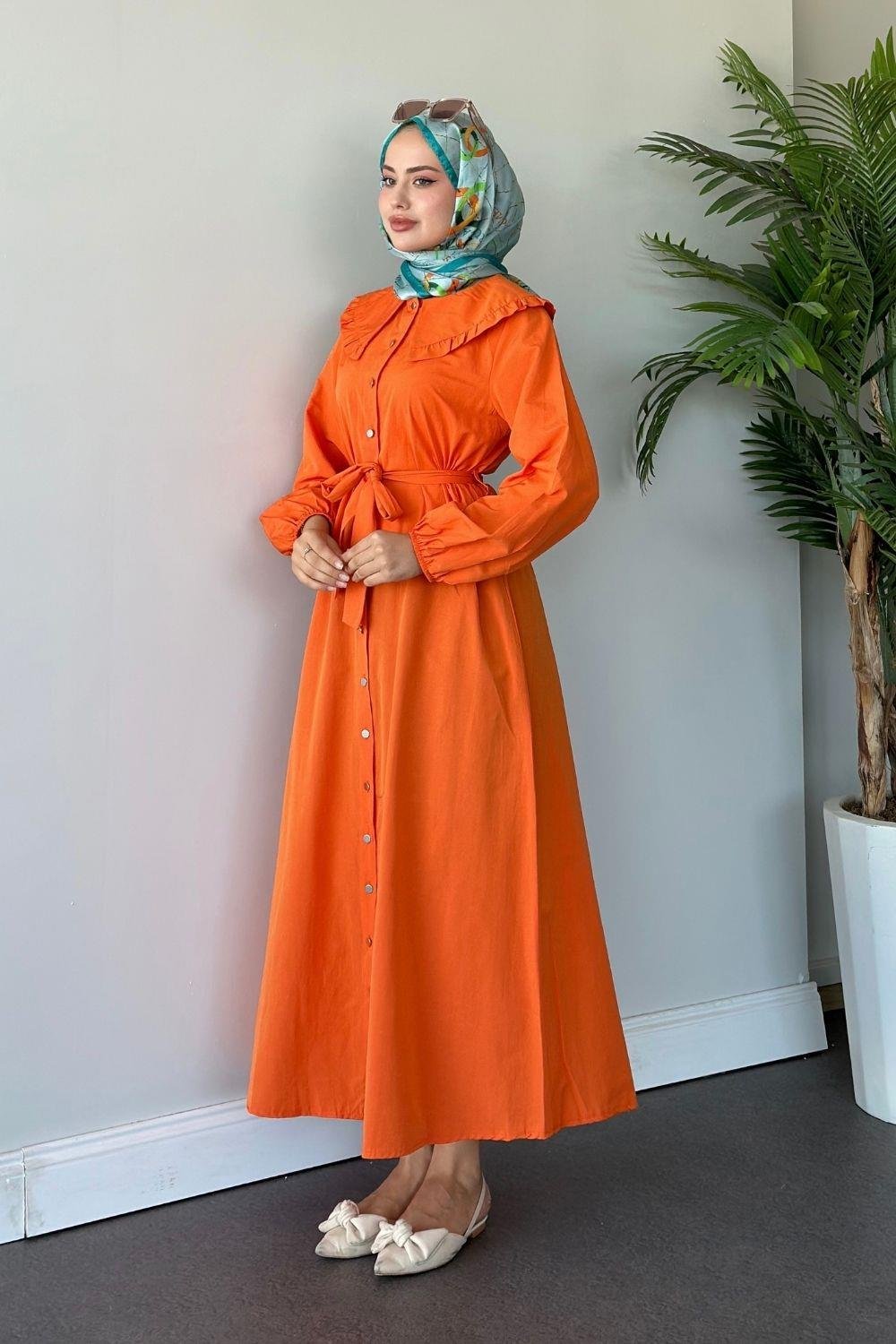 Ala Yaka Fırfırlı Elbise Turuncu 6028 