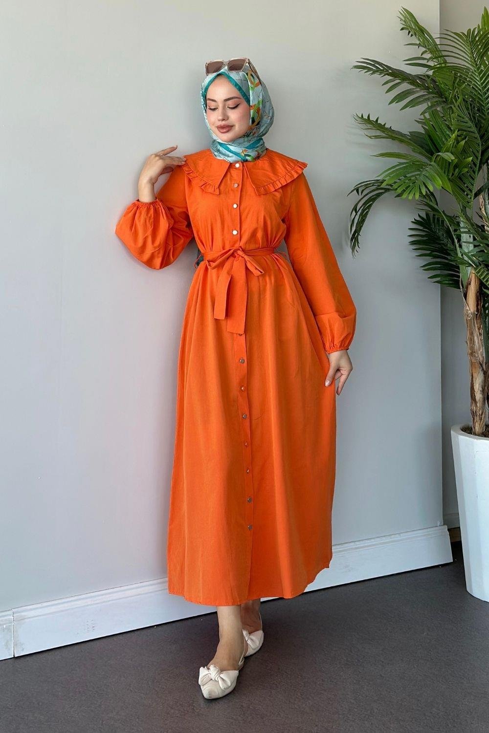 Ala Yaka Fırfırlı Elbise Turuncu 6028 