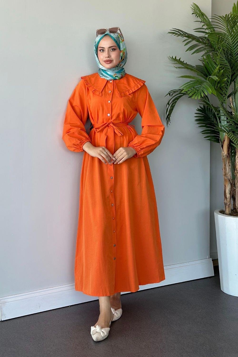 Ala Yaka Fırfırlı Elbise Turuncu 6028 