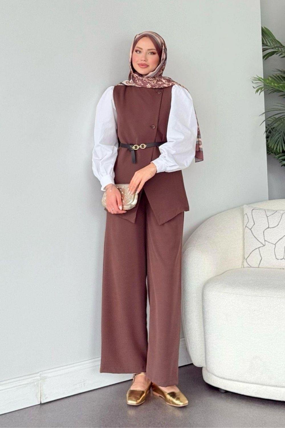 Leya  Pantalonlu  İkili Takım Kahverengi 60347 