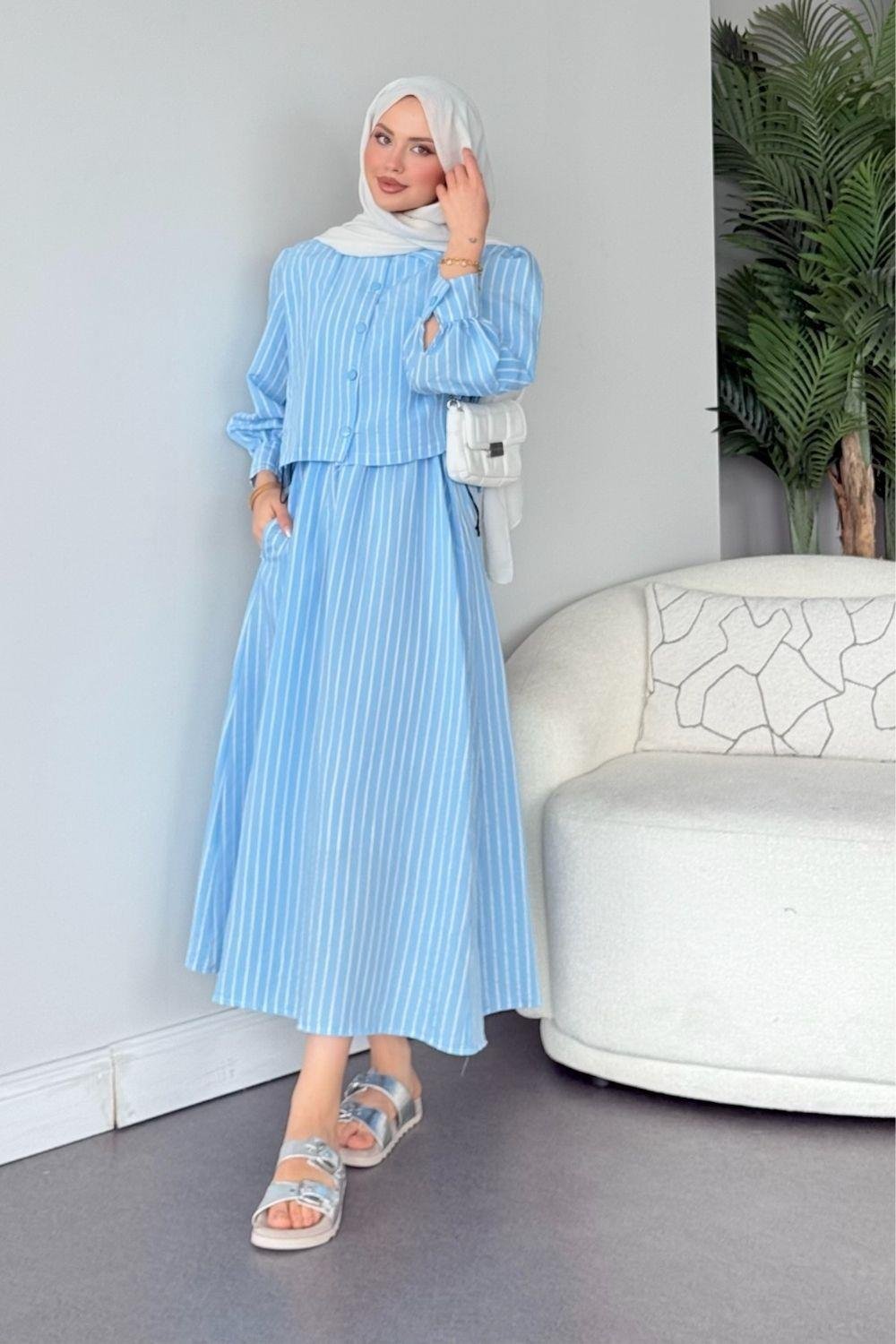 Malibu Çizgili Elbise Bebe Mavisi 6047 