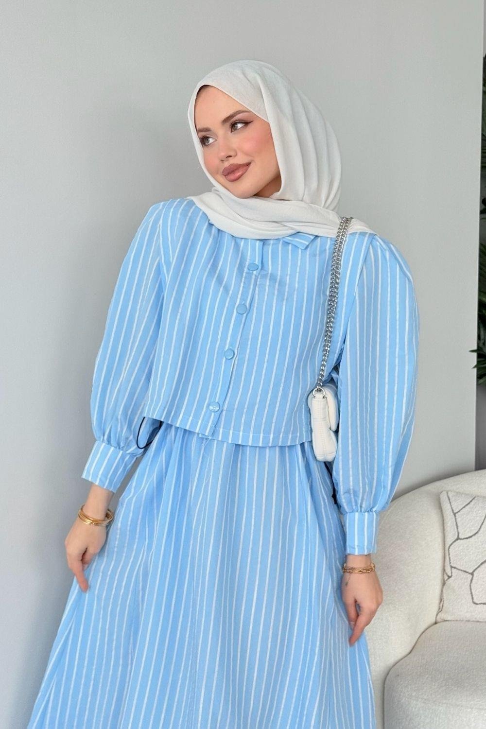 Malibu Çizgili Elbise Bebe Mavisi 6047 