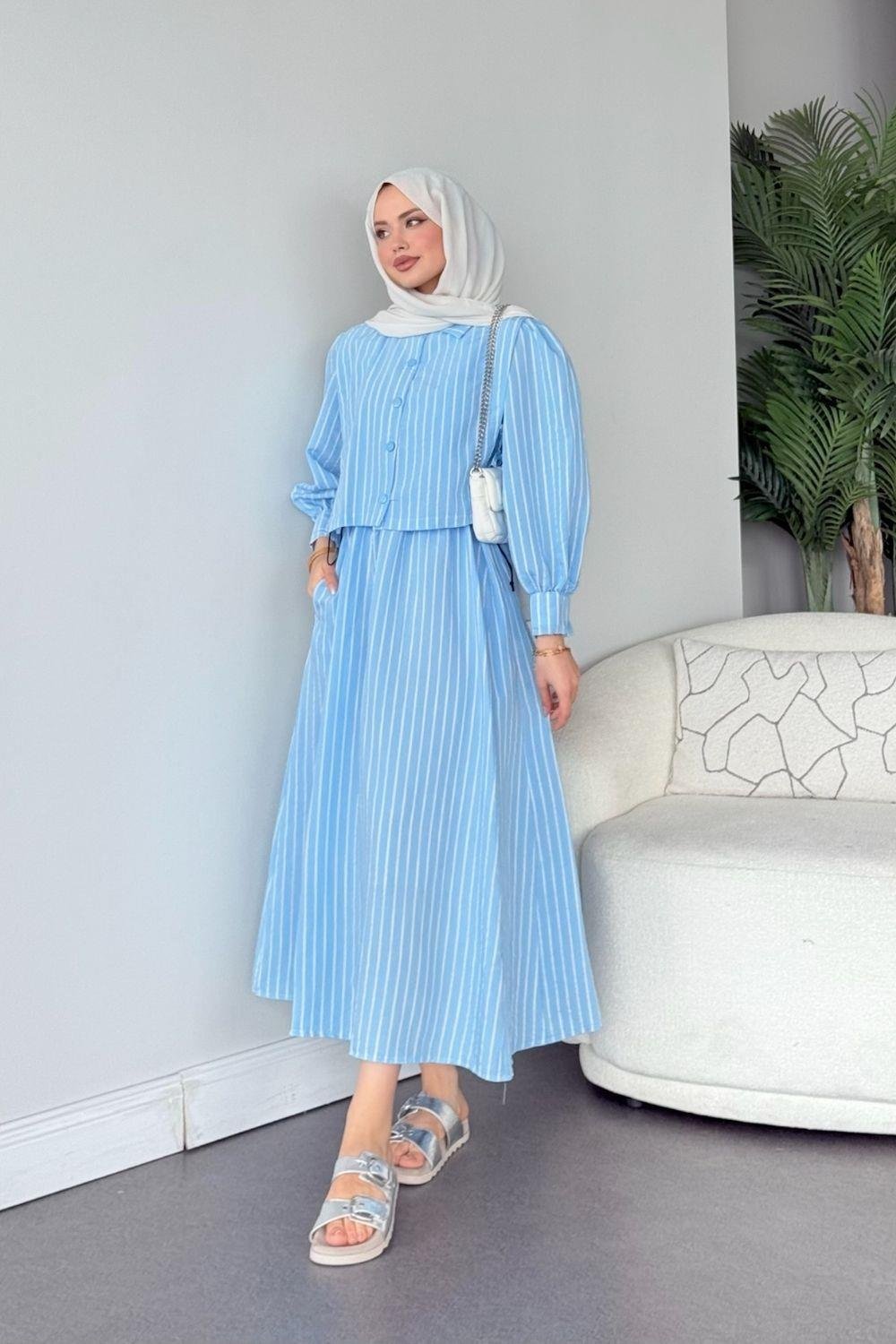 Malibu Çizgili Elbise Bebe Mavisi 6047 