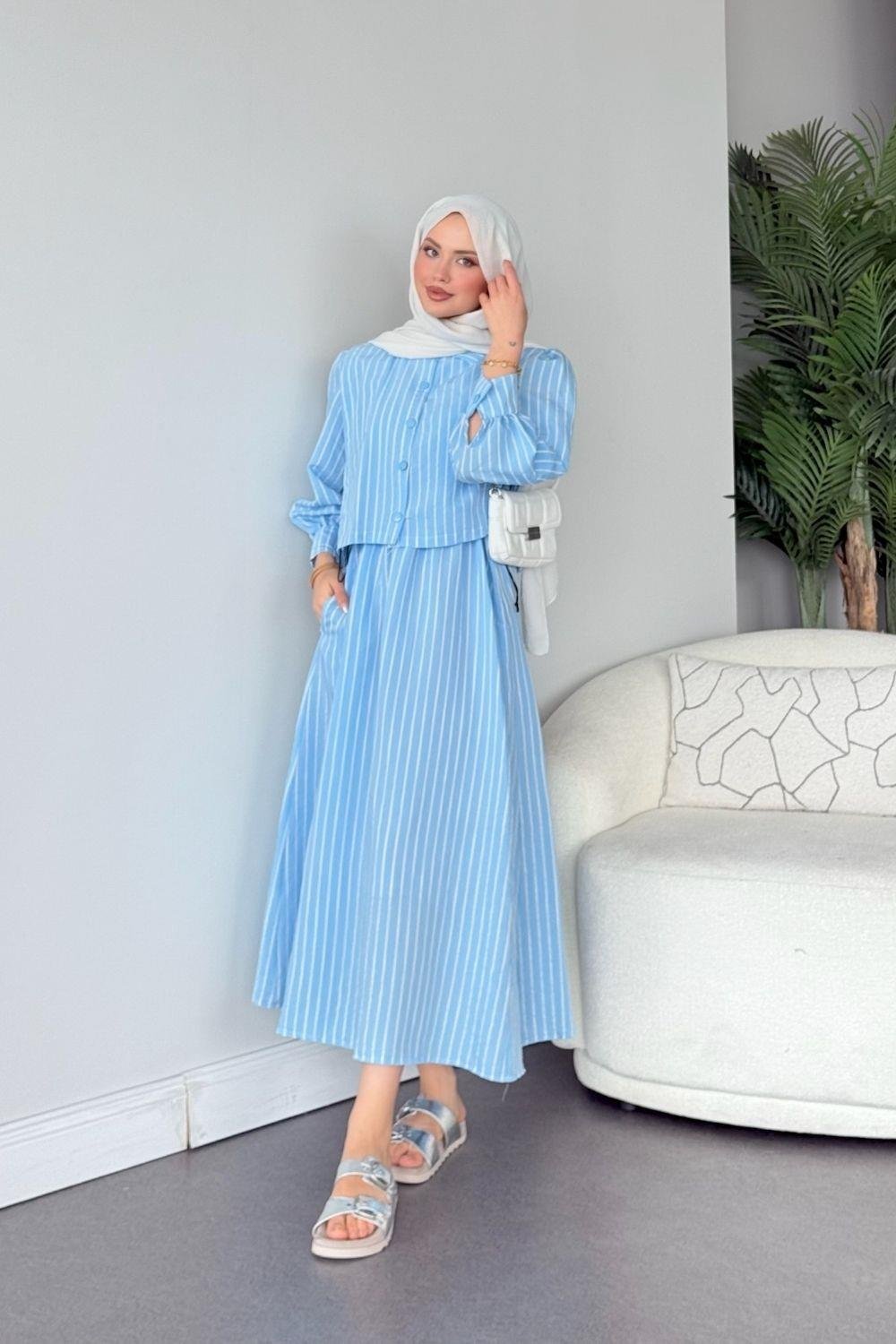 Malibu Çizgili Elbise Bebe Mavisi 6047 