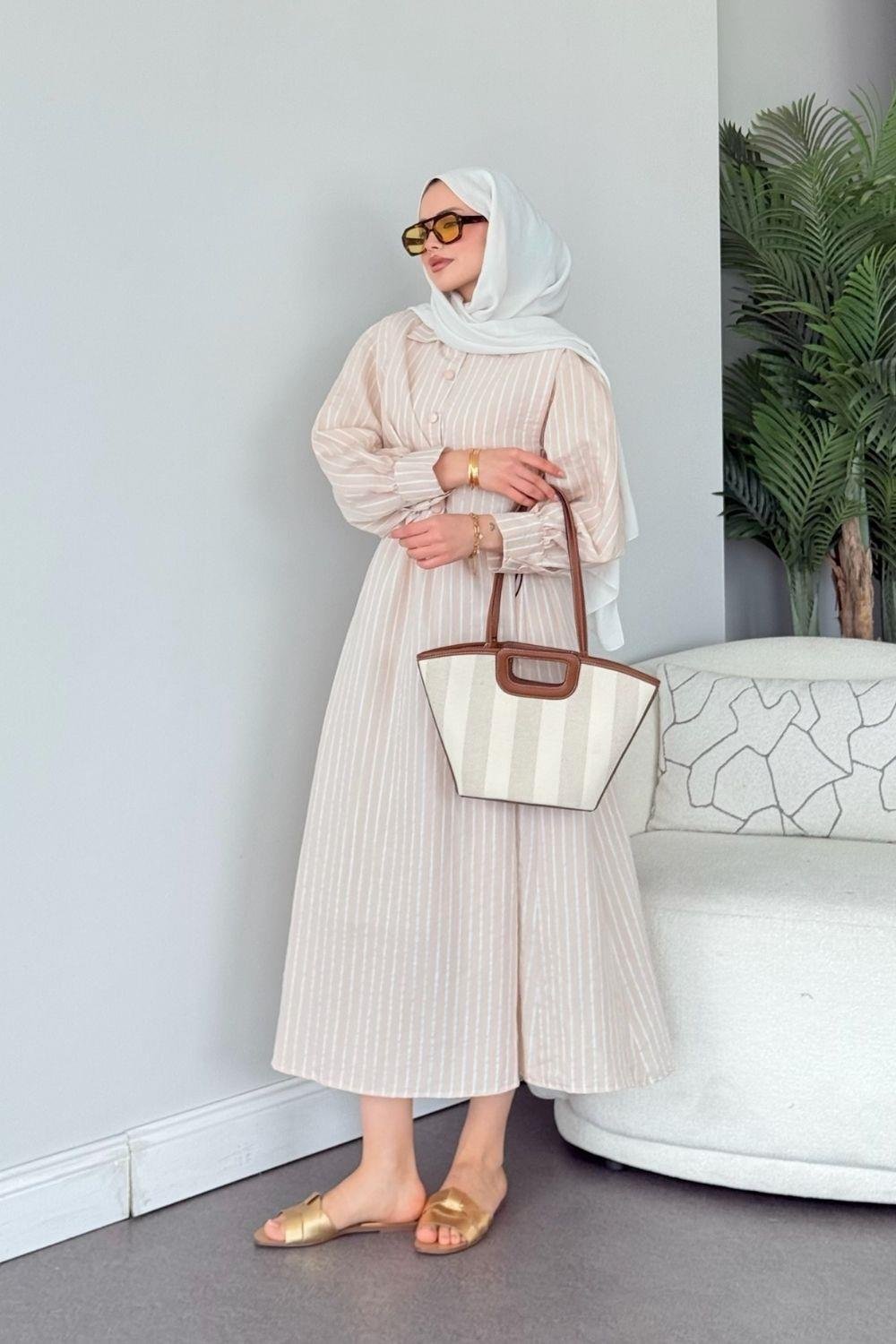 Malibu Çizgili Elbise Bej 6047 