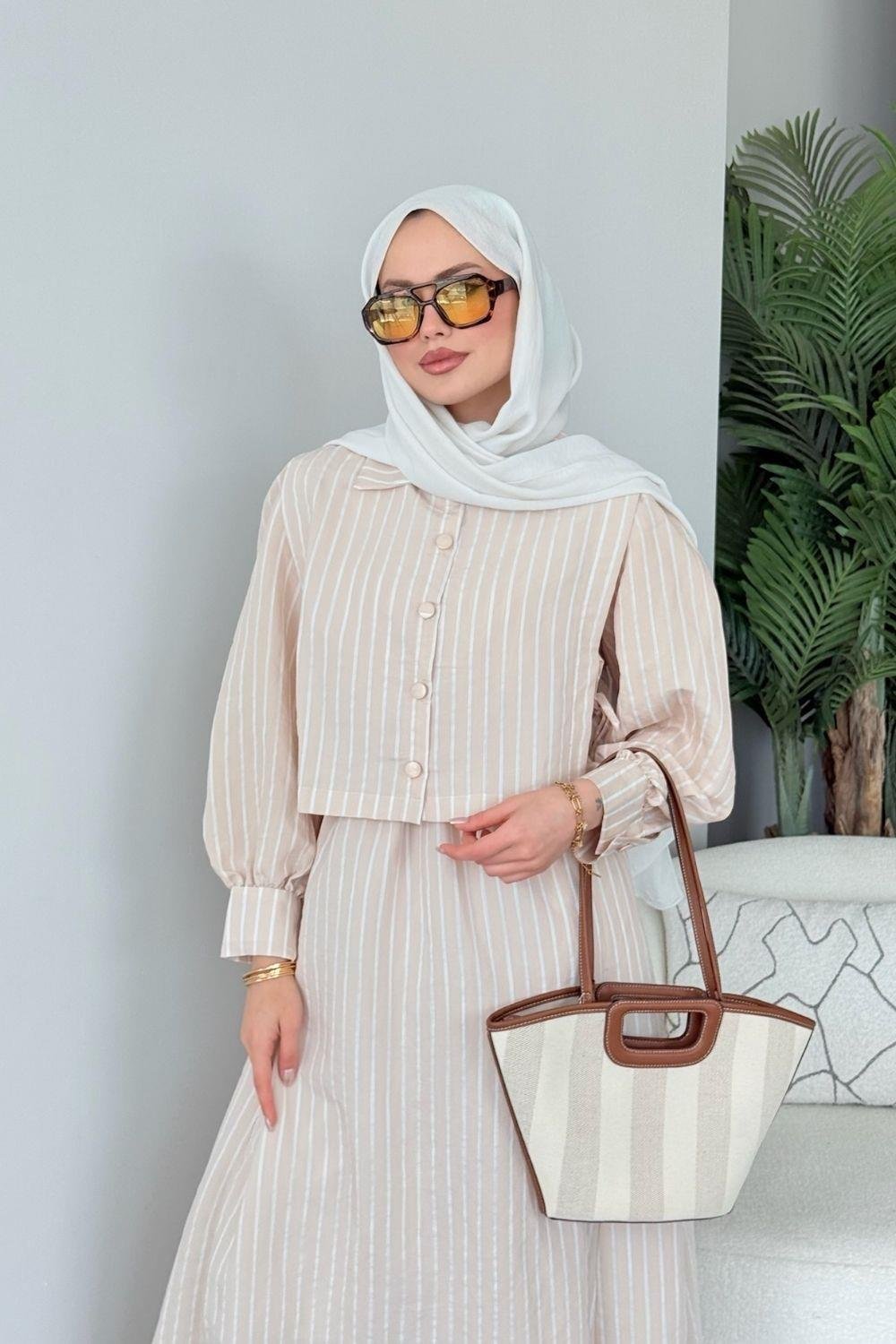 Malibu Çizgili Elbise Bej 6047 