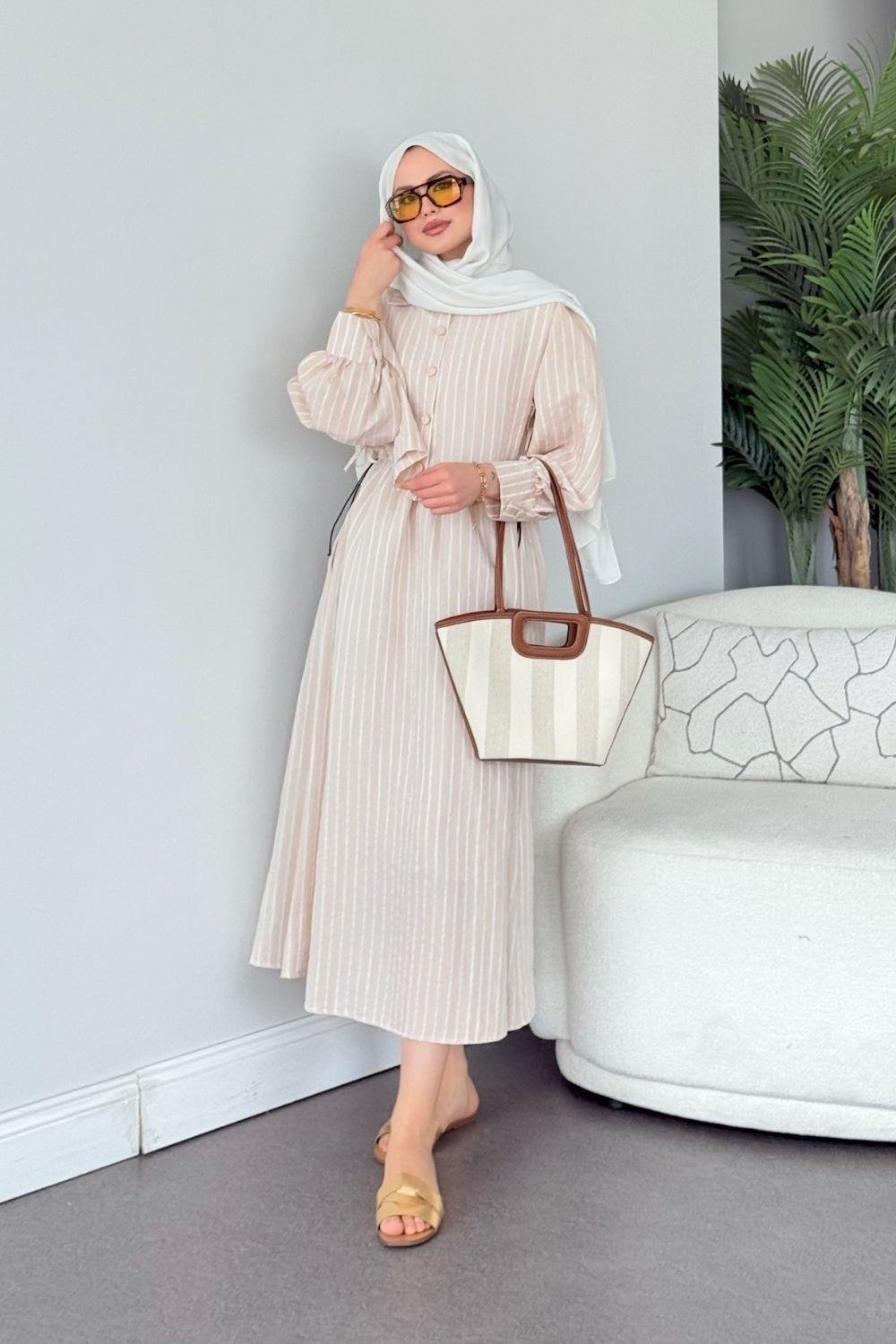 Malibu Çizgili Elbise Bej 6047 