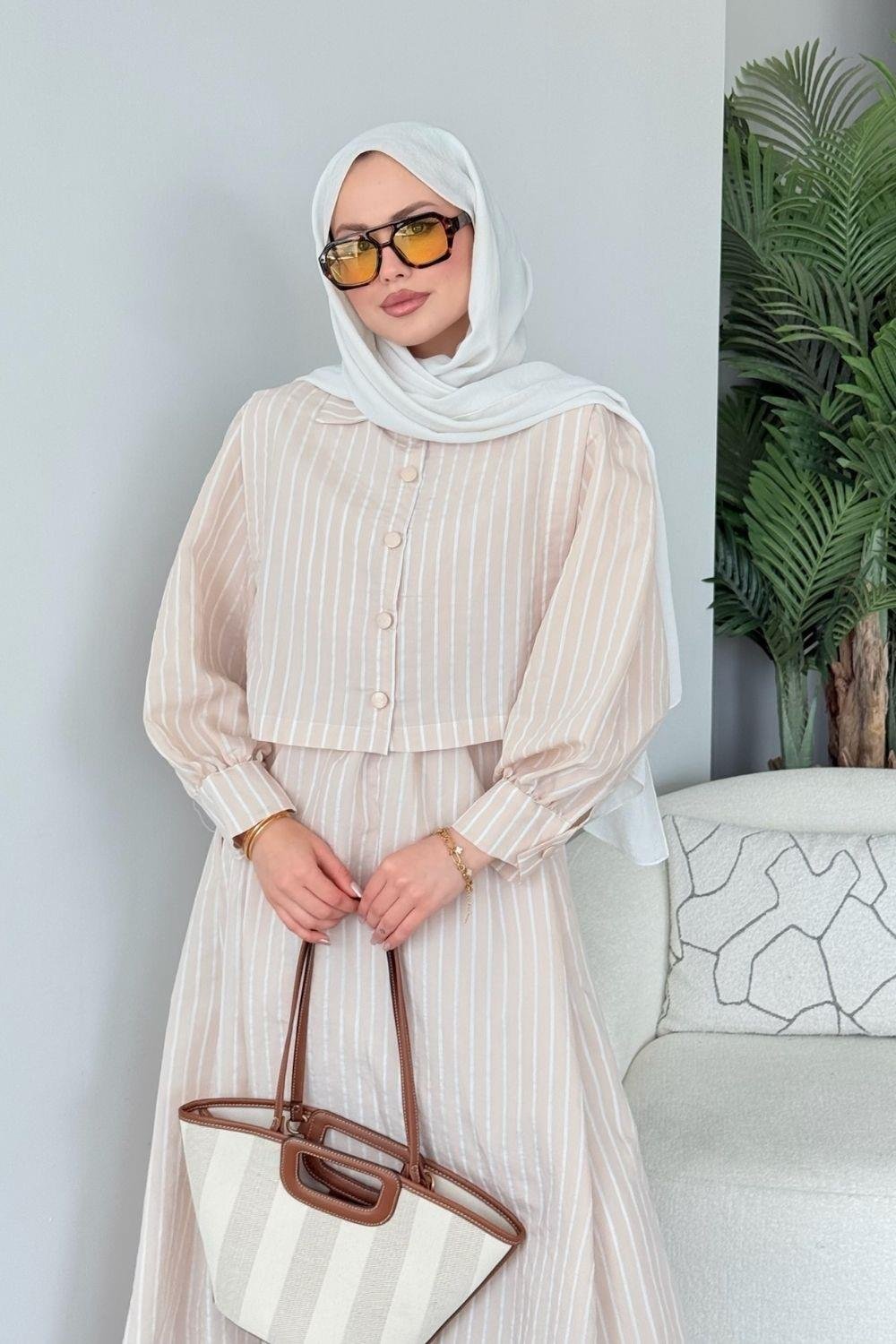 Malibu Çizgili Elbise Bej 6047 