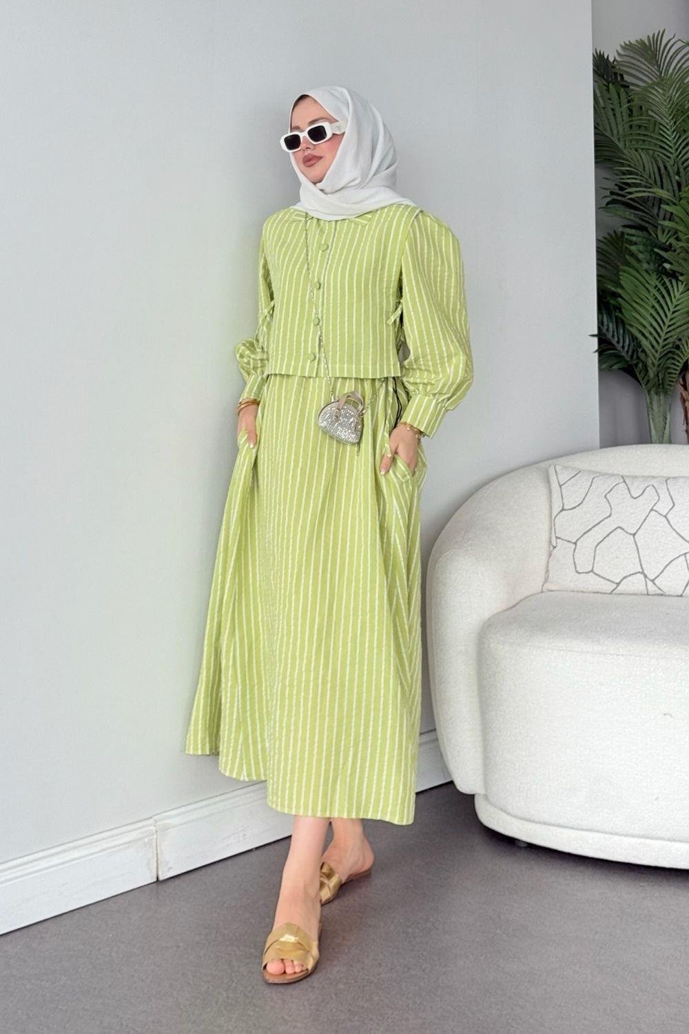 Malibu Çizgili Elbise Fıstık Yeşili 6047 