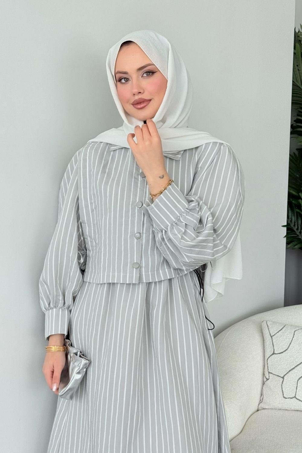 Malibu Çizgili Elbise Gri 6047 