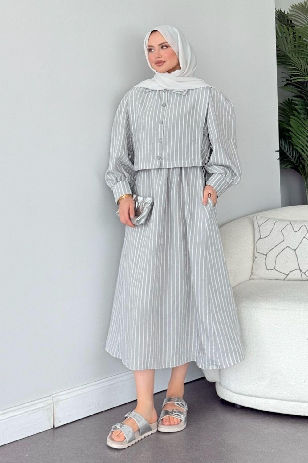 Malibu Çizgili Elbise Gri 6047 