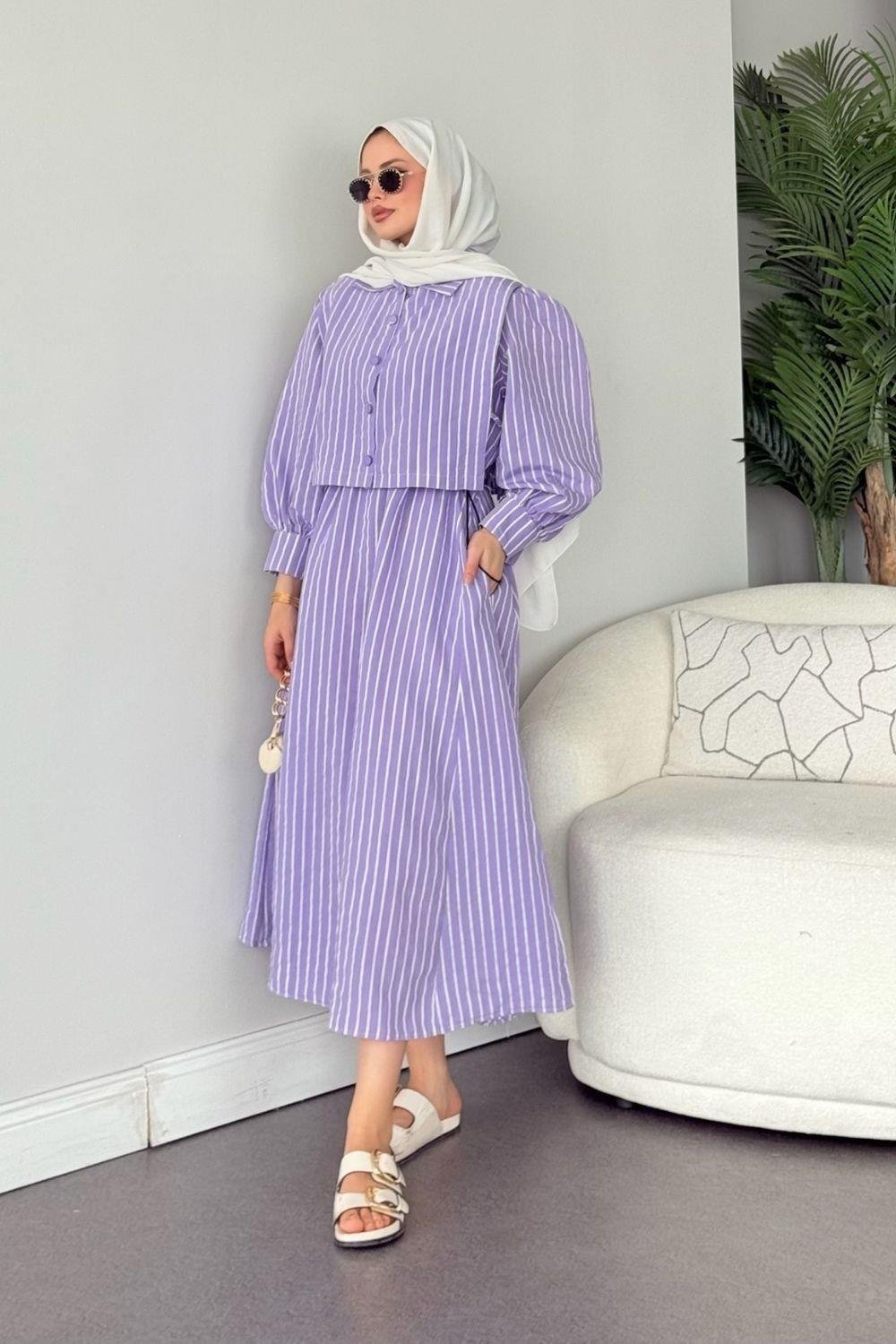 Malibu Çizgili Elbise Lila 6047 