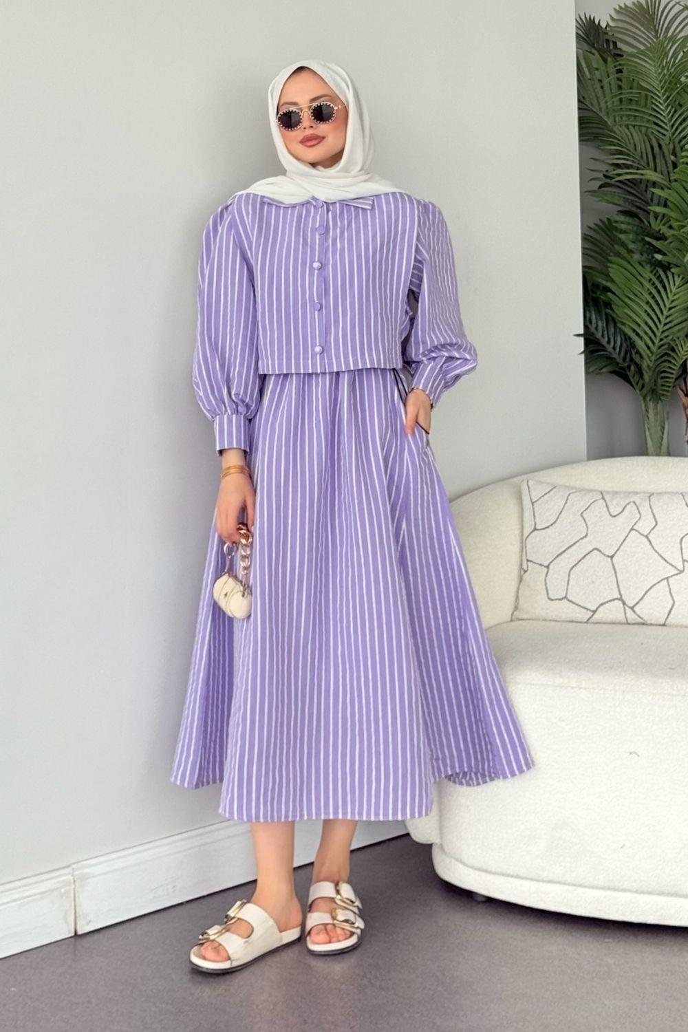 Malibu Çizgili Elbise Lila 6047 