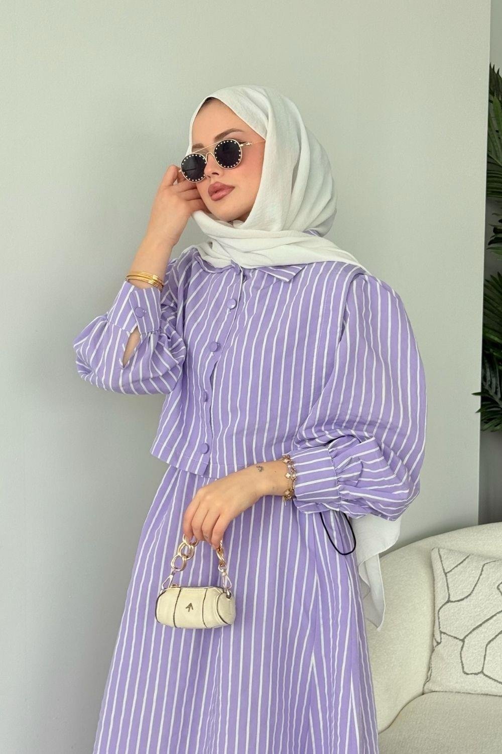 Malibu Çizgili Elbise Lila 6047 