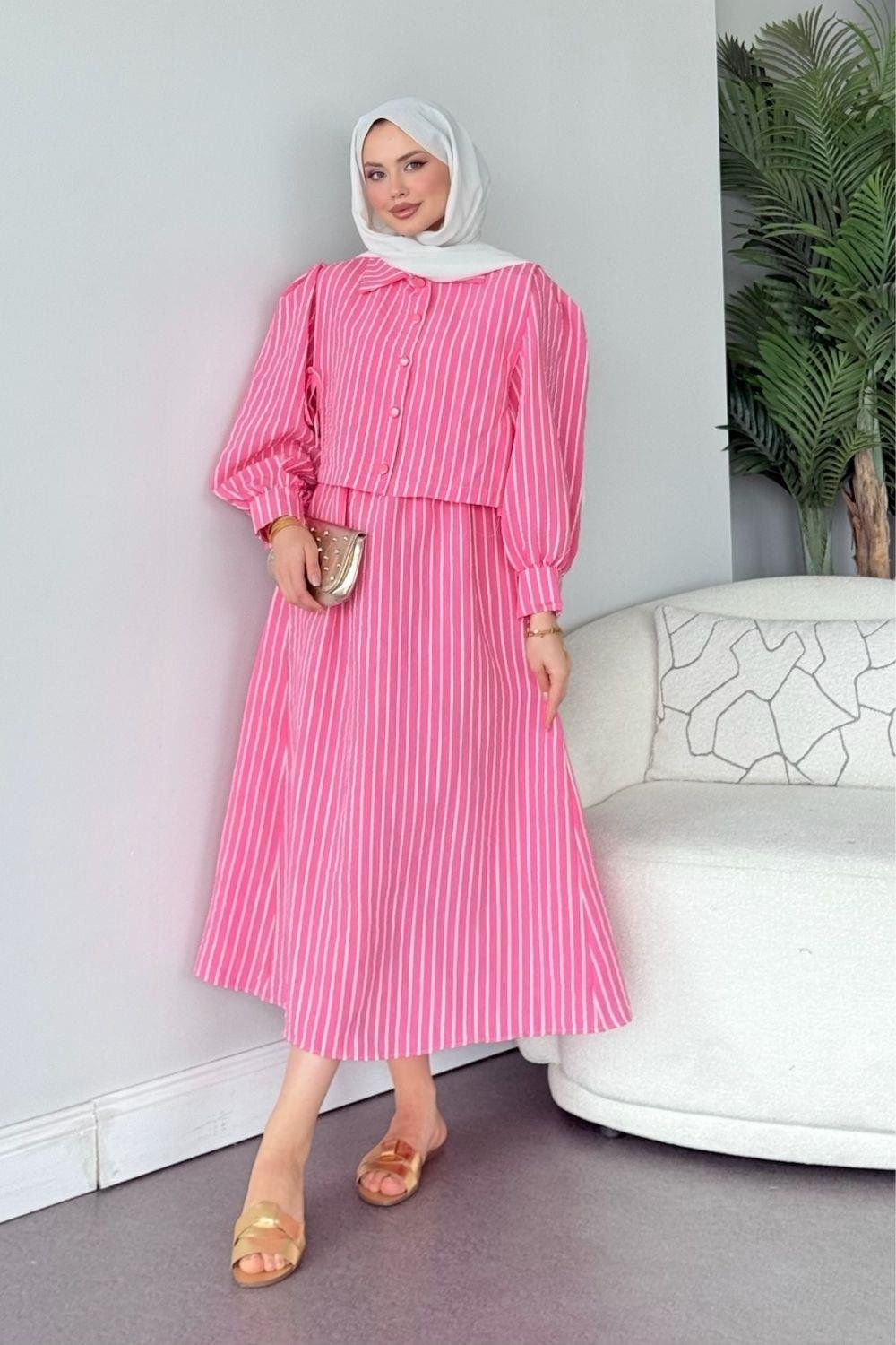 Malibu Çizgili Elbise Pembe 6047 