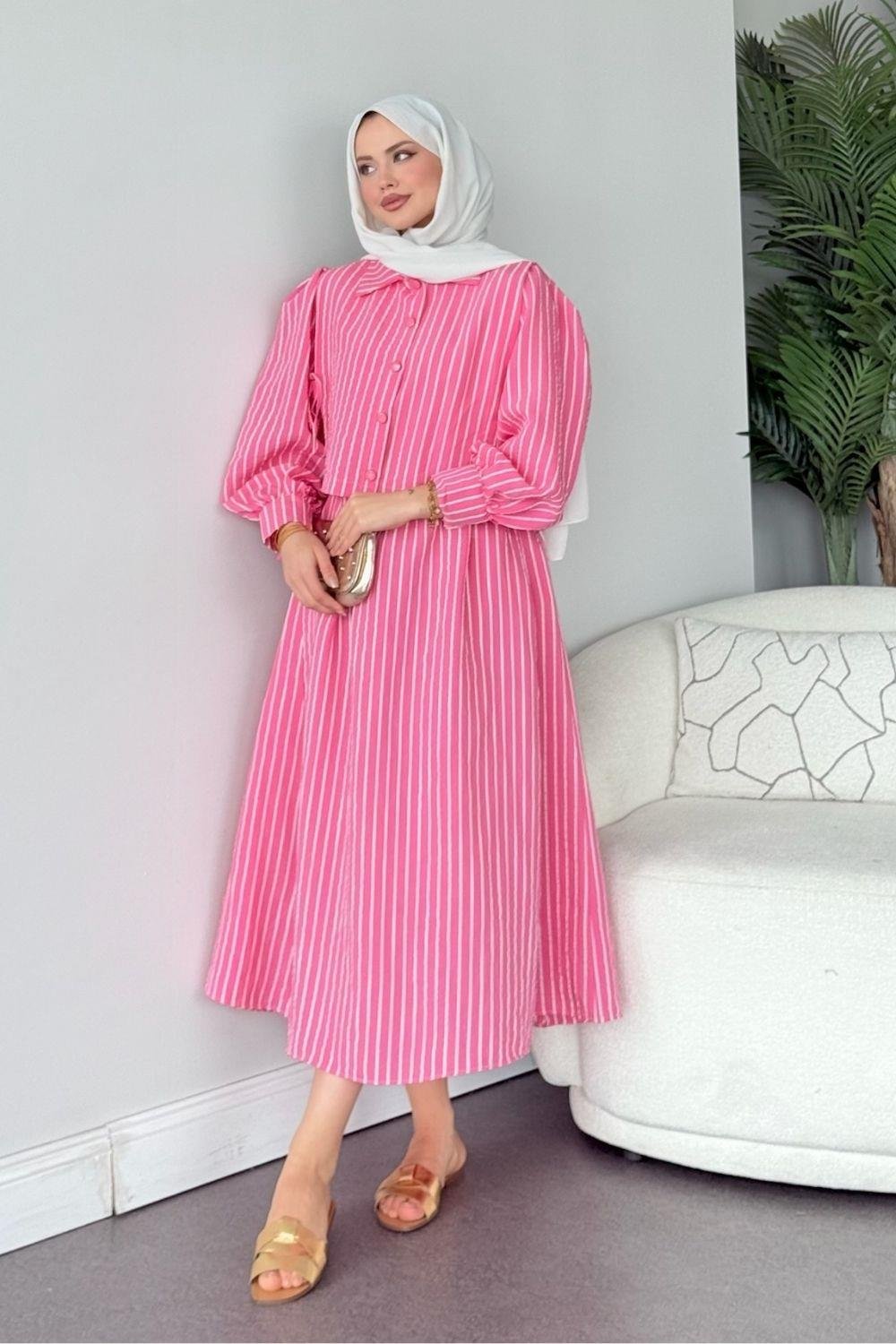 Malibu Çizgili Elbise Pembe 6047 