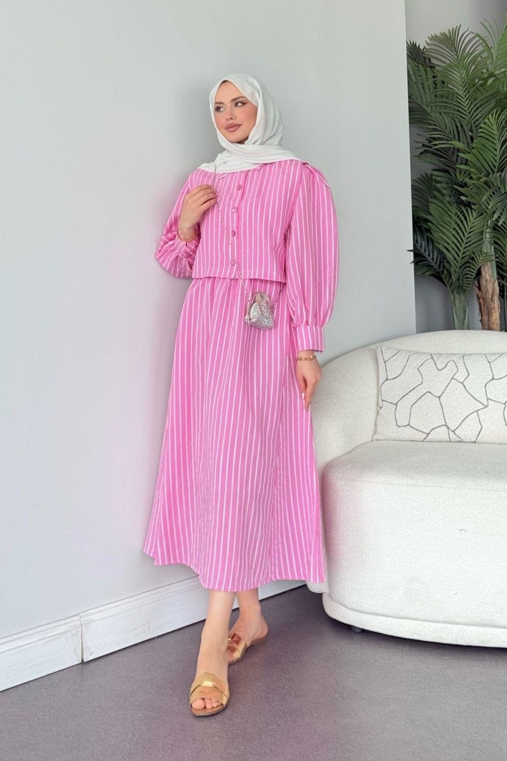 Malibu Çizgili Elbise Pudra Pembe 6047 