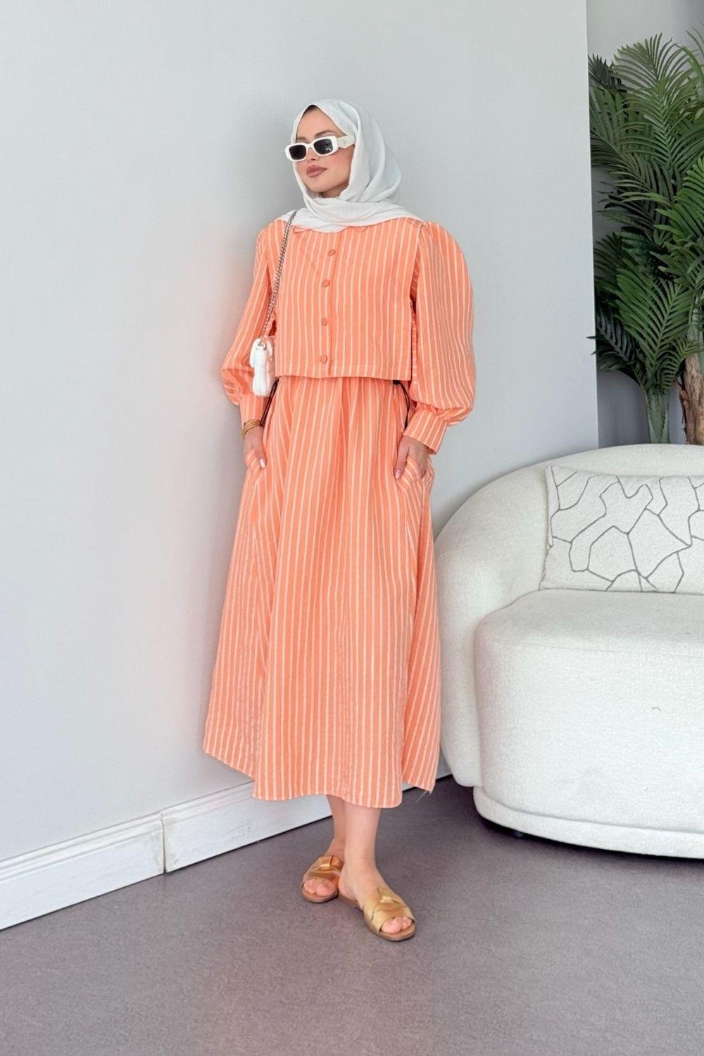 Malibu Çizgili Elbise Turuncu 6047 