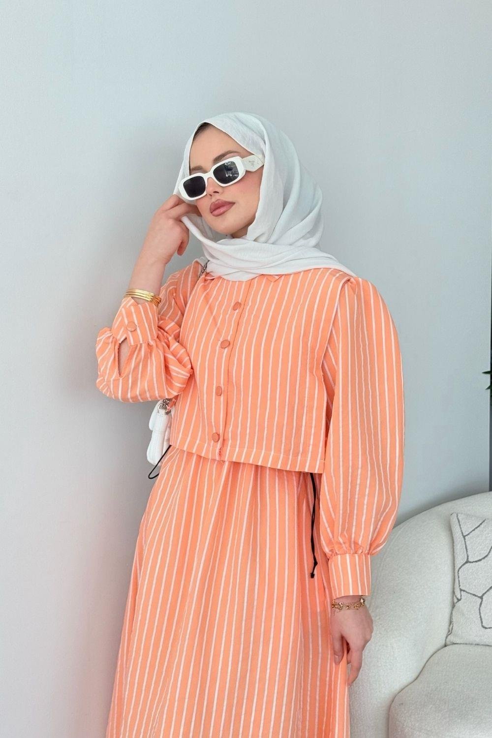 Malibu Çizgili Elbise Turuncu 6047 