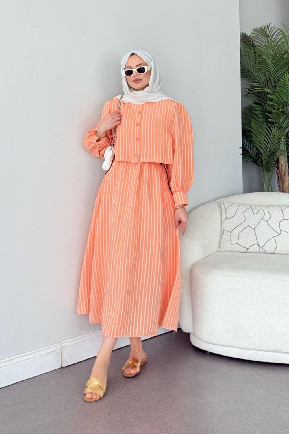 Malibu Çizgili Elbise Turuncu 6047 