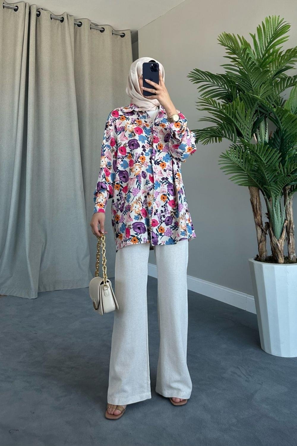 Üstü Çiçekli Keten Takım Lila 6140 