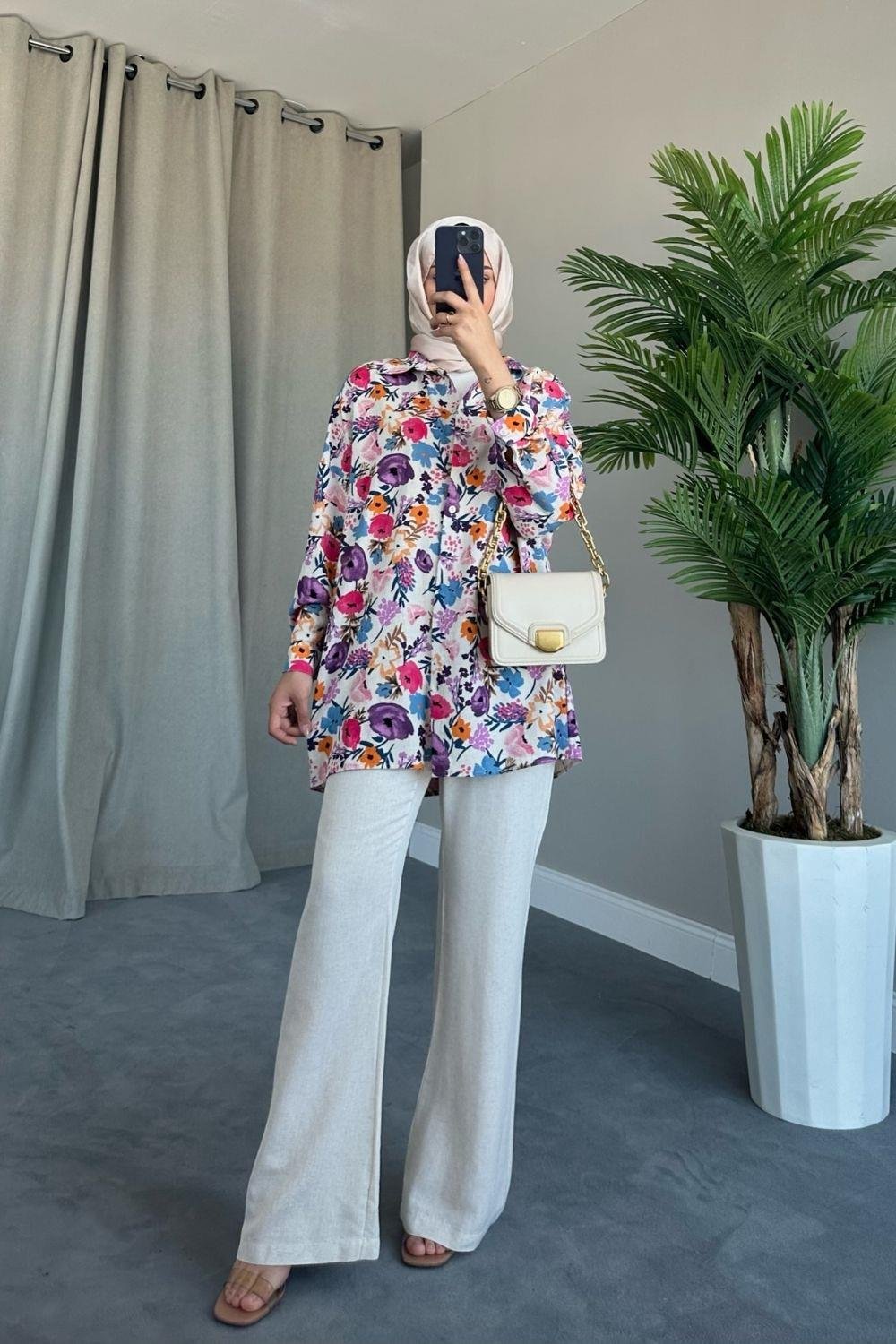 Üstü Çiçekli Keten Takım Lila 6140 