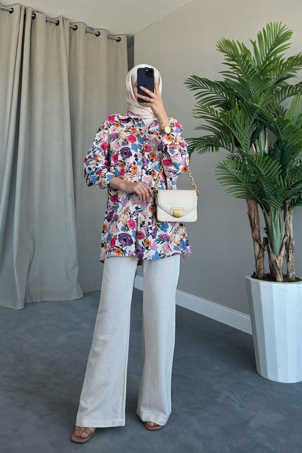 Üstü Çiçekli Keten Takım Lila 6140 