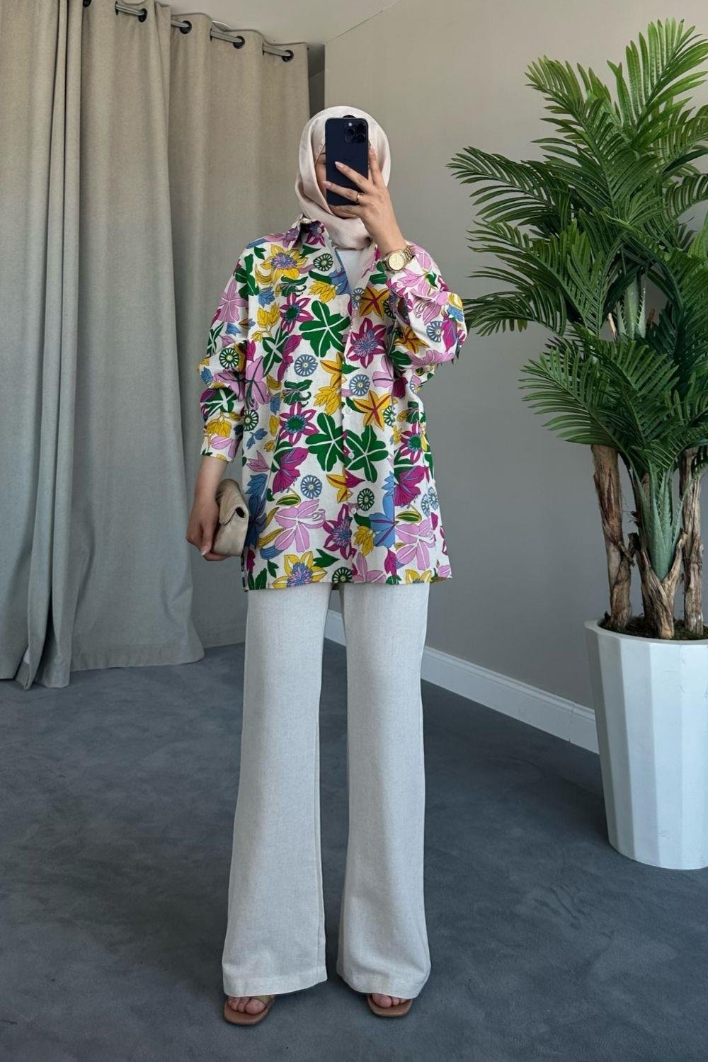 Üstü Çiçekli Keten Takım Sarı 6140 