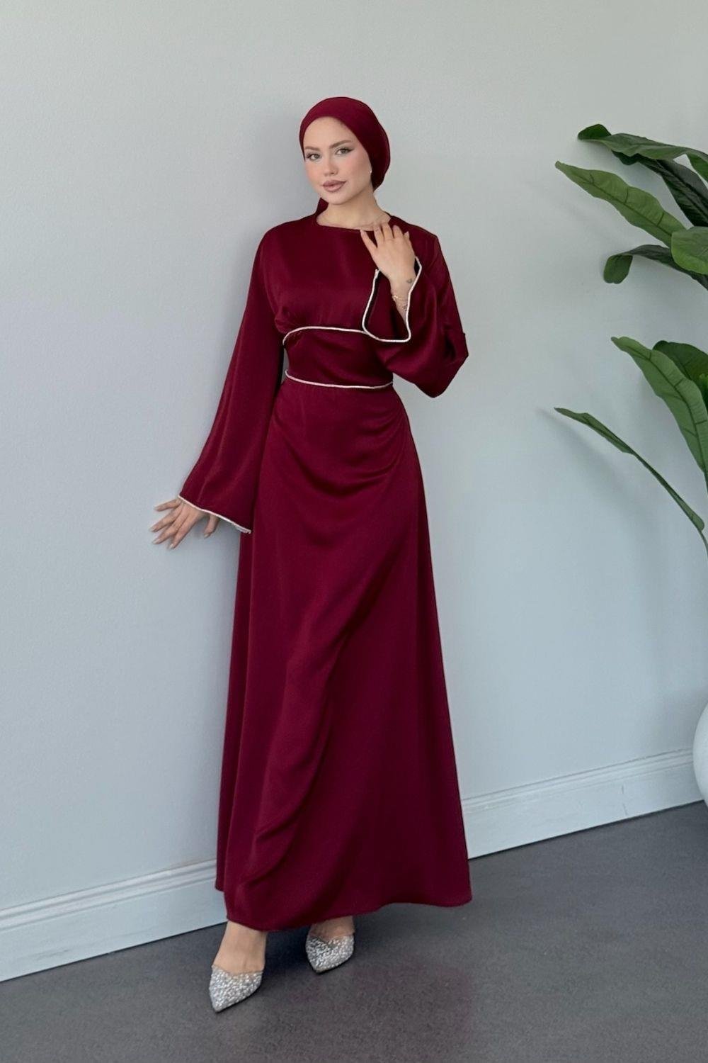 Kolu ve Beli Baget Taşlı Abiye Bordo 61590 
