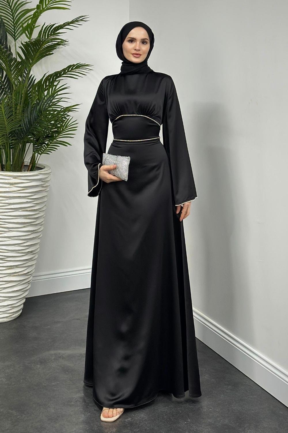 Kolu ve Beli Baget Taşlı Abiye Siyah 61590 