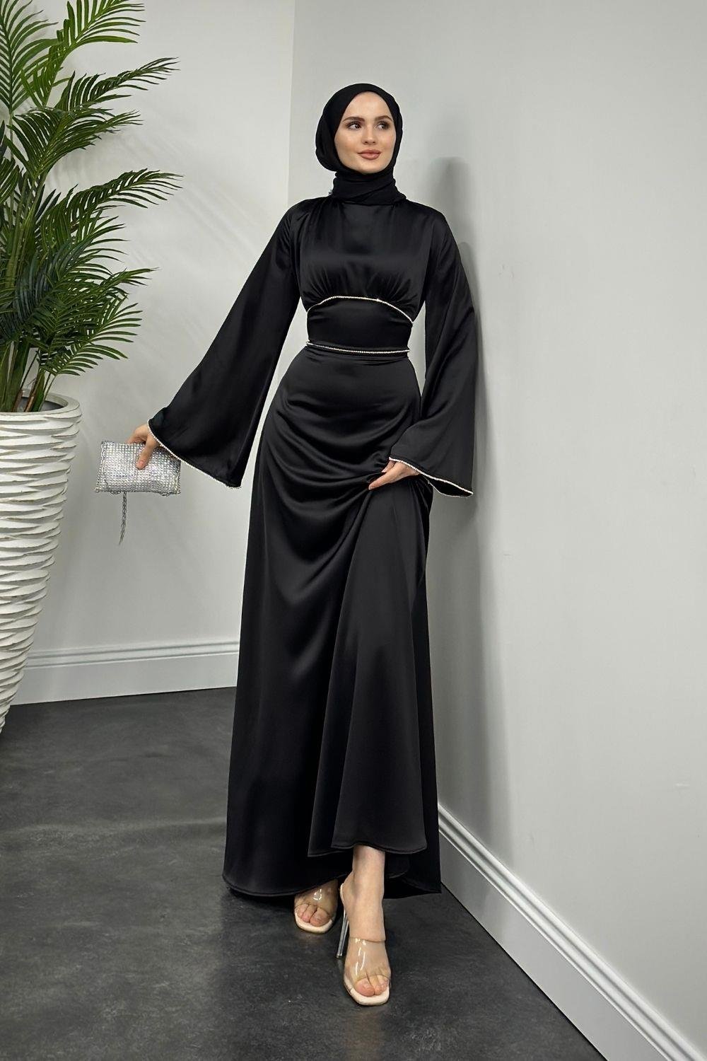 Kolu ve Beli Baget Taşlı Abiye Siyah 61590 