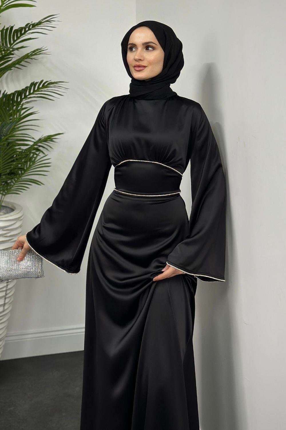 Kolu ve Beli Baget Taşlı Abiye Siyah 61590 