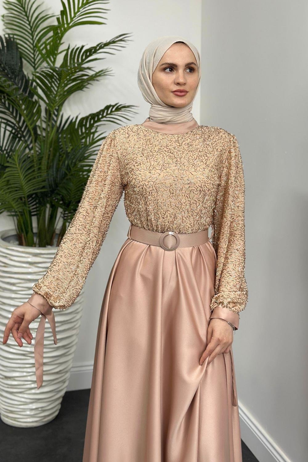 Mihbet Üstü Boncuk Abiye Gold 6176 